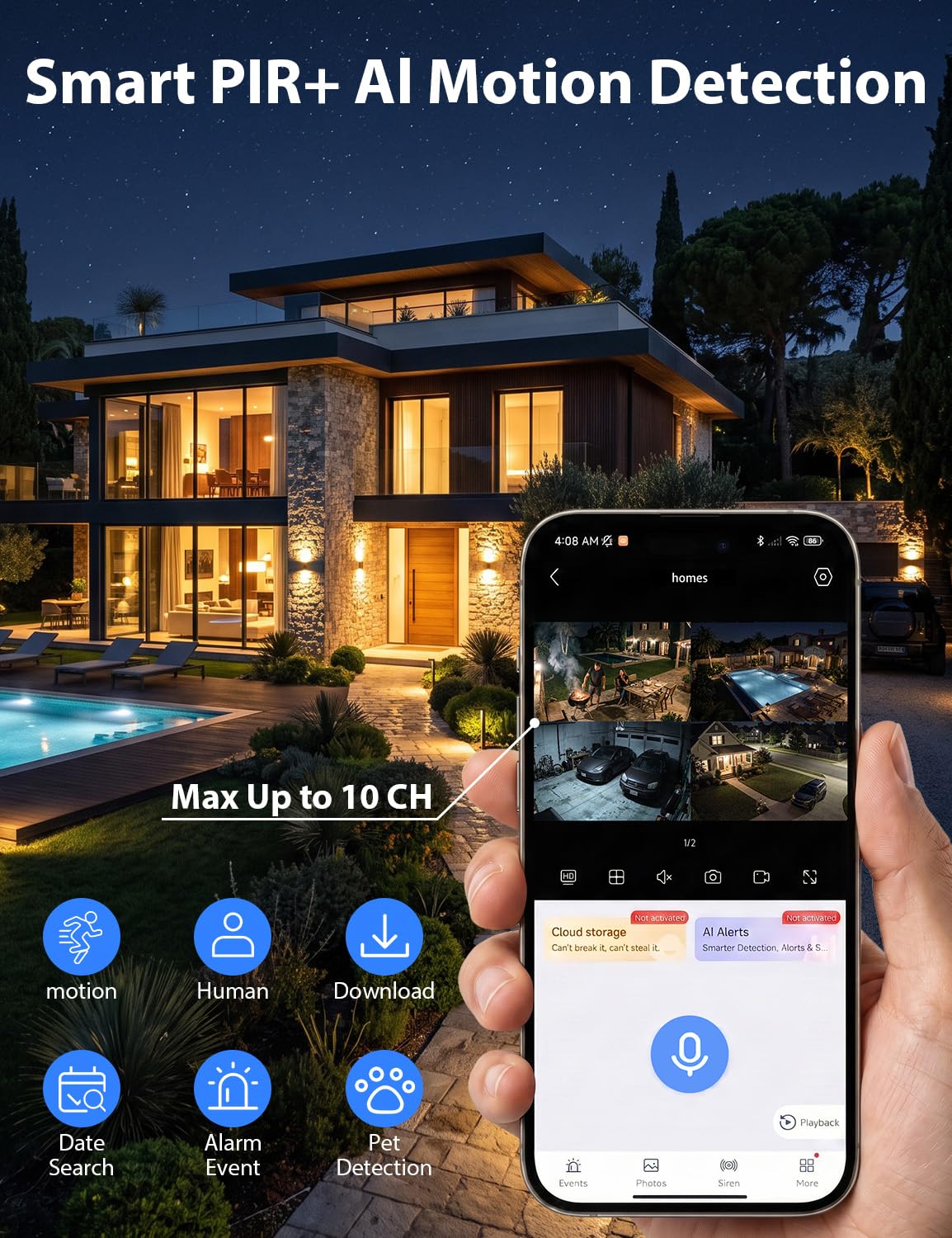No Monthly Fee Solar Security Cameras Wireless Outdoor, home security systems,500GB HDD nvr security camera system No Subscription, 2.4G & 5G WiFi,2-Way Audio, 4MP, Color Night Vision, 360° View