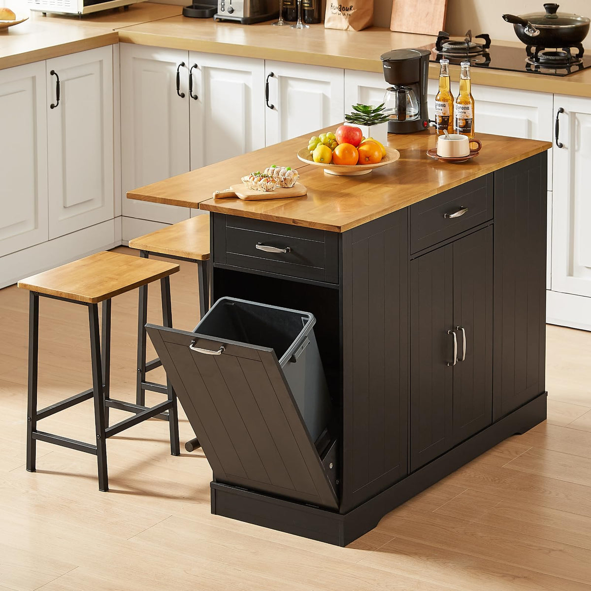 47" Kitchen Island with Trash Can Storage, Include 2 Chairs, Black