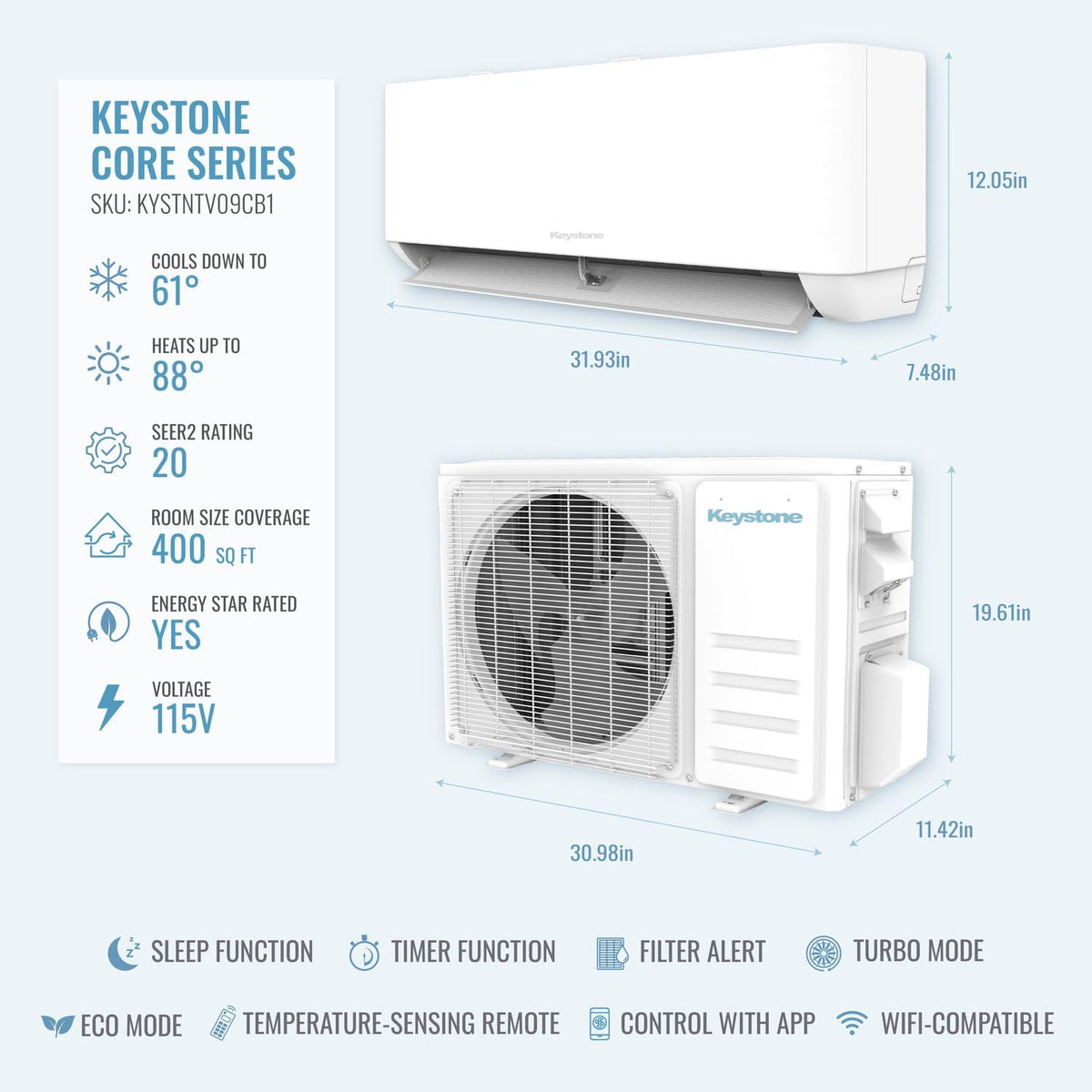 Keystone Core 9,000 Cool/10,000 Heat BTU 115V Mini Split AC, 400 Sq Ft