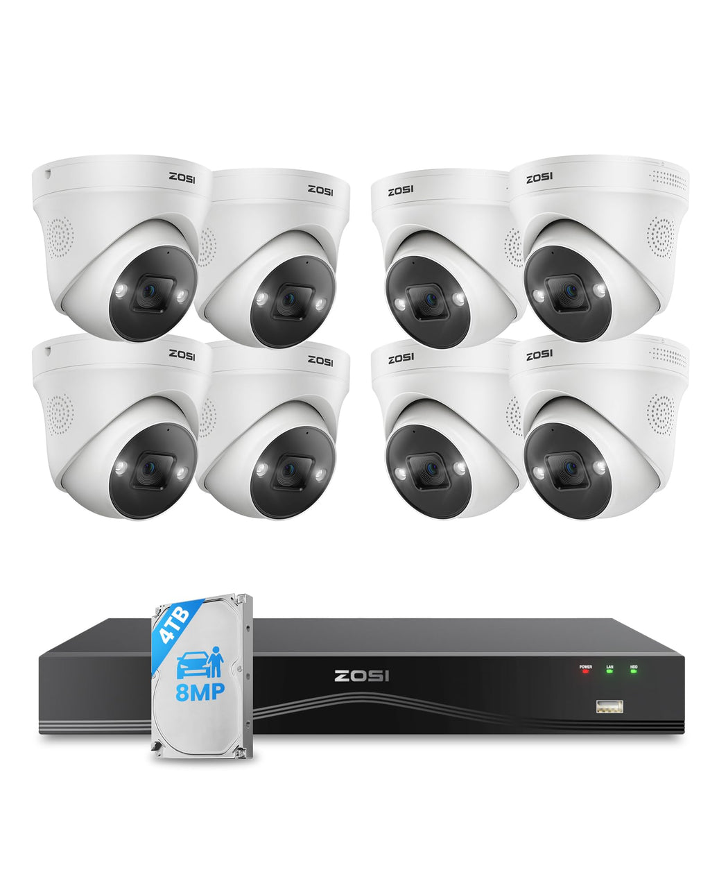 ZOSI 4K 16CH PoE Security Camera System, 12x 8MP Outdoor Cameras, 4TB HDD