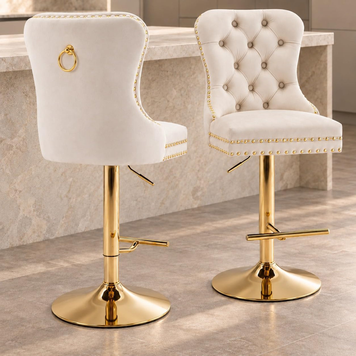 Velvet Swivel Bar Stools Set of 4, Height Adjustable, Black with Gold Base