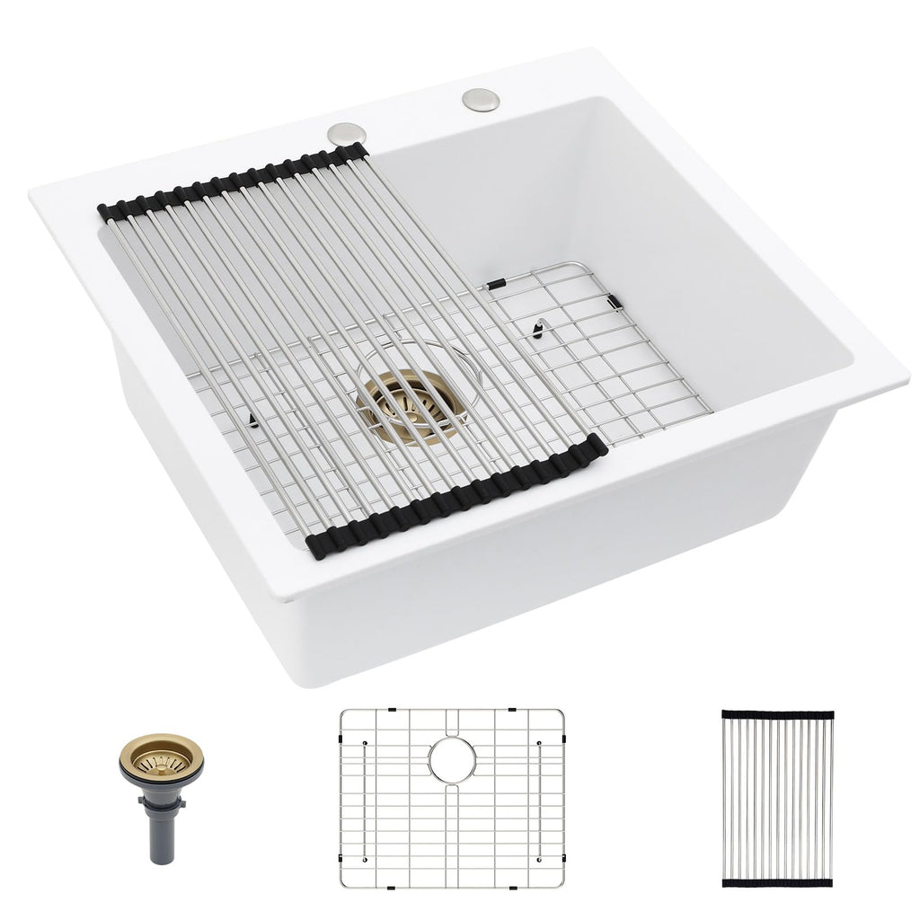 Lordear 18 Inch White Kitchen Sink Granite Composite Undermount Bar Workstation 18x18 White Quartz Sinks Under Counter Single Bowl with Classic Gold Accessories