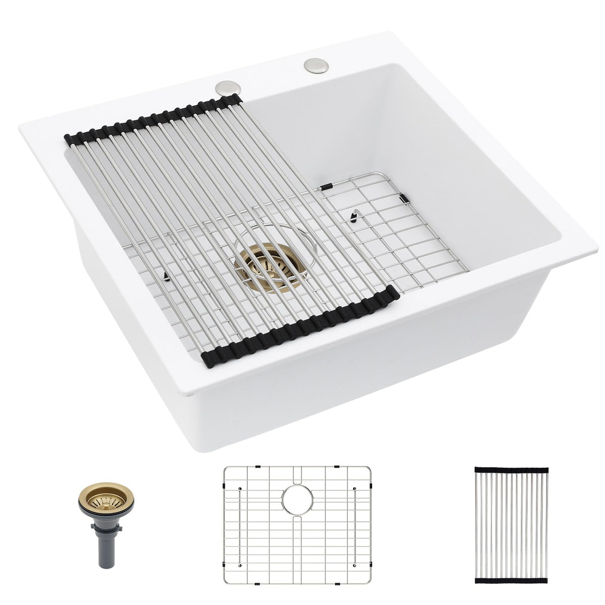 Lordear 18 Inch White Kitchen Sink Granite Composite Undermount Bar Workstation 18x18 White Quartz Sinks Under Counter Single Bowl with Classic Gold Accessories