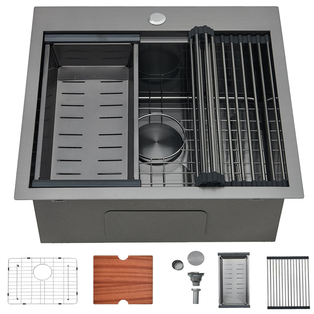 33x22 Black Drop In Kitchen Sink, 33 Inch All In One Topmount Gunmetal Black Stainless Steel Single Bowl Overmount Double Ledges Workstation Sink with Accessories