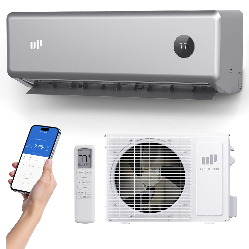 Upstreman 12000 BTU Mini Split AC/Heating System, 230V Silver Mini Split Air Conditioner, 20 SEER2 Ductless Split AC, Energy Efficient Inverter, WiFi Control, with Mounting Bracket, Up to 750 Sq.Ft