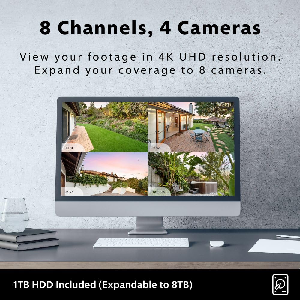 Swann AdvancedX Wired NVR 4K Security Camera System, 8 Channels, 4 PoE Cameras Outdoor, 1TB HDD Storage, Color Night Vision, Smart AI Video Analytics/Alerts, Motion Detection, 24/7 Recording