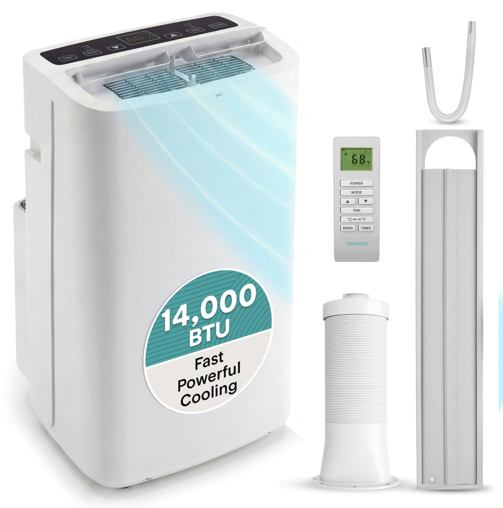 SereneLife 8000 BTU Portable Air Conditioner with Heat, Compact 4-in-1 Portable AC & Heater for Room Up to 350 Sq Ft with Dehumidifier & Fan Function, Remote Control, Window Mount Kit, 13" x 11" x 26"