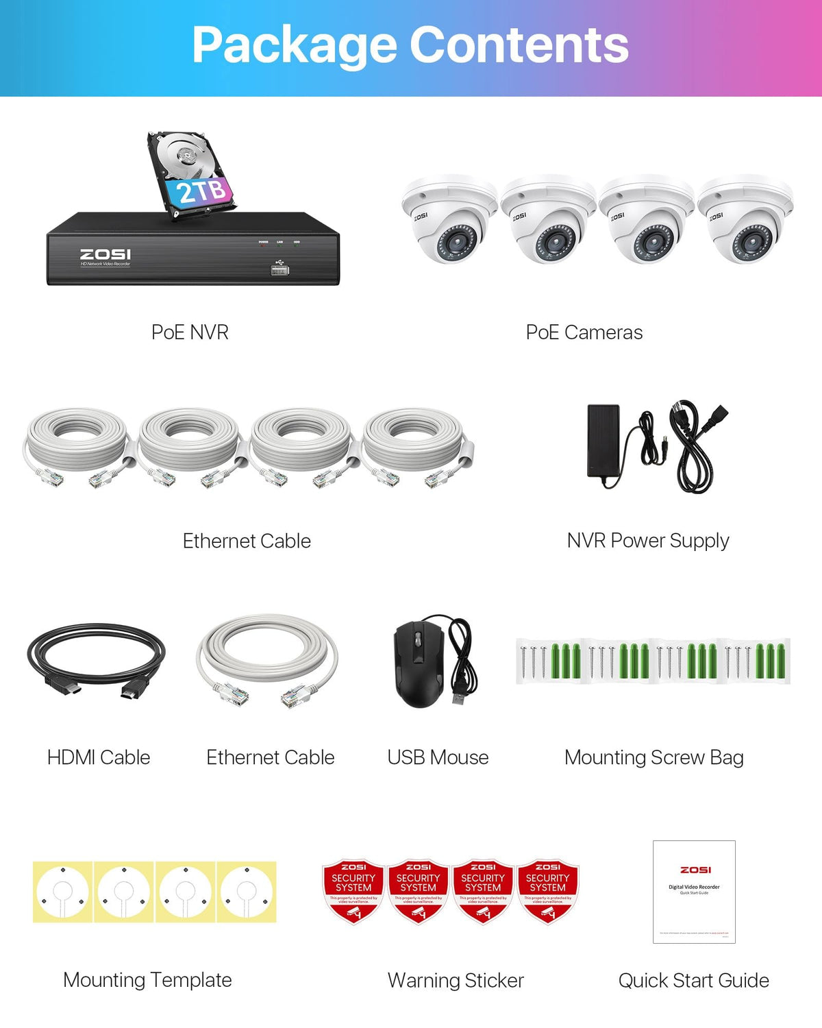 ZOSI 8CH 4K PoE Security Camera System with 2TB HDD, 4X 5MP Dome Cameras