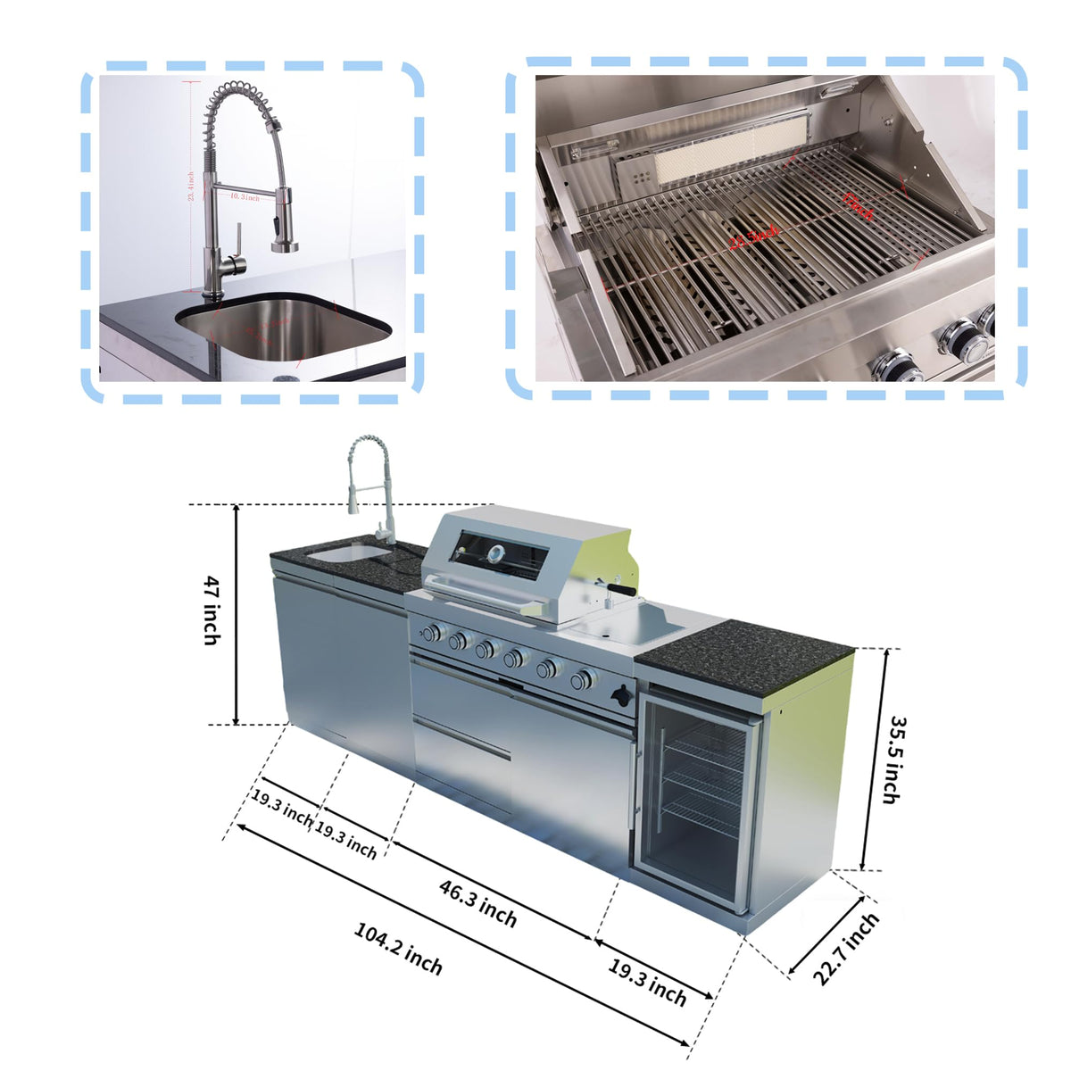 104-Inch 4 Burner 72000 BTU Stainless Steel Outdoor Kitchen Bar, Silver