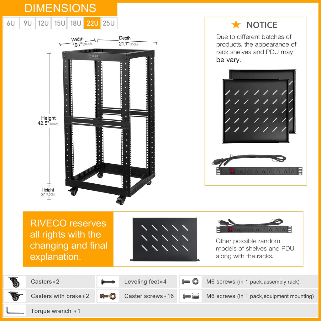 22U Open Frame Server Rack with Brake Casters +19" Rail Mounting PDU (8 Outlets) Power Strip with Surge Protector + 2PCS Rack Shelves Cantilever Tray Set Black