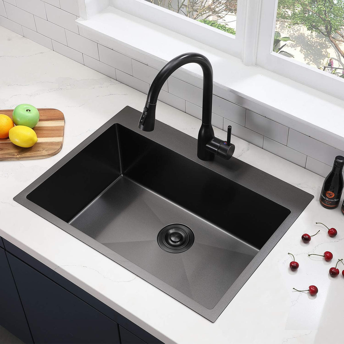 VAPSINT 33x22 Black Drop in Kitchen Sink, 33 Inch Gunmetal Black Stainless Steel Top Mount Kitchen Sink, Single Bowl Laundry Sink with Strainer