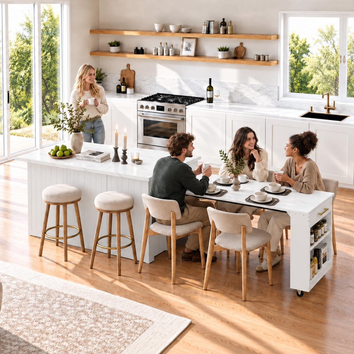 59"-103" Kitchen Island with Extendable Dining Table, White