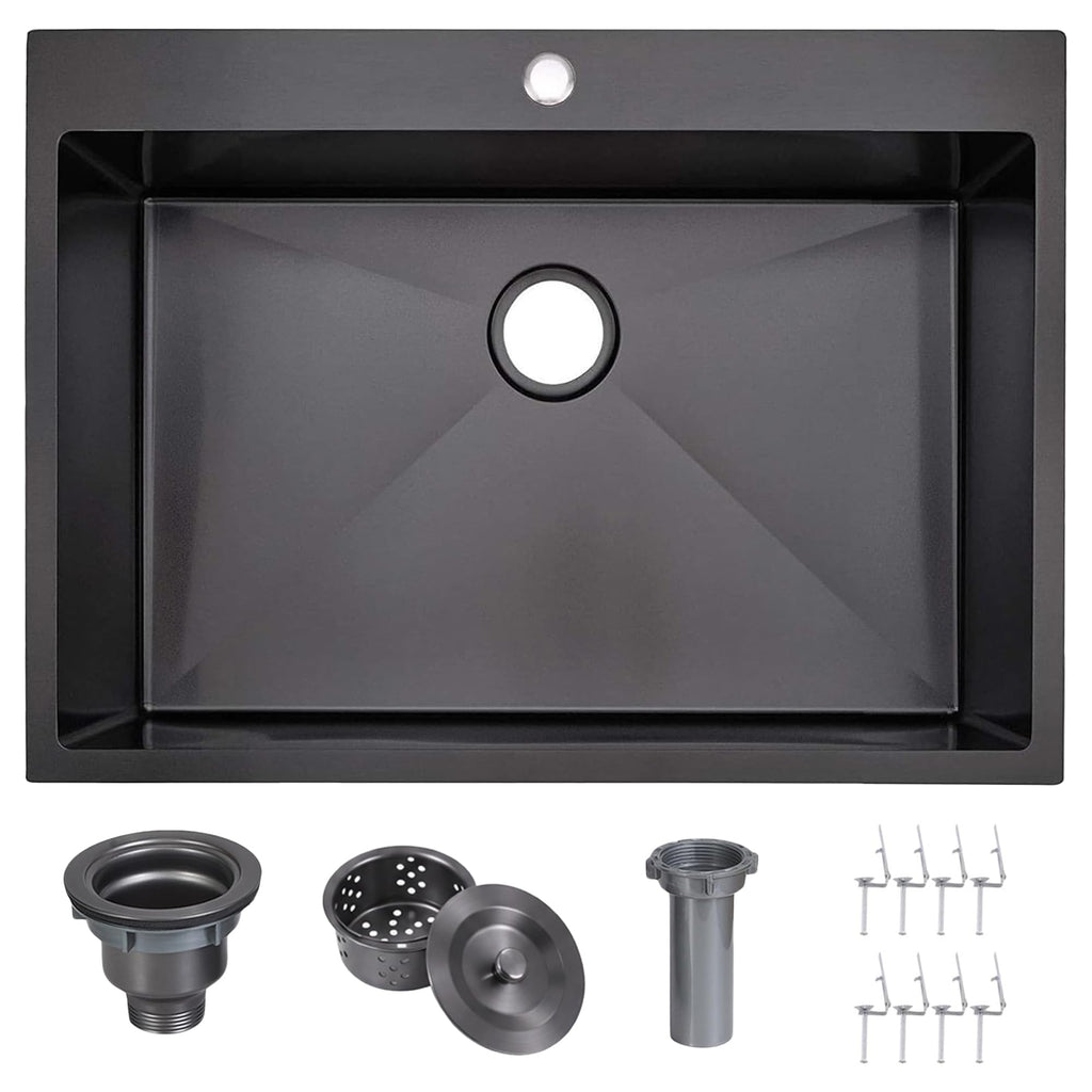 VAPSINT 33x22 Black Drop in Kitchen Sink, 33 Inch Gunmetal Black Stainless Steel Top Mount Kitchen Sink, Single Bowl Laundry Sink with Strainer