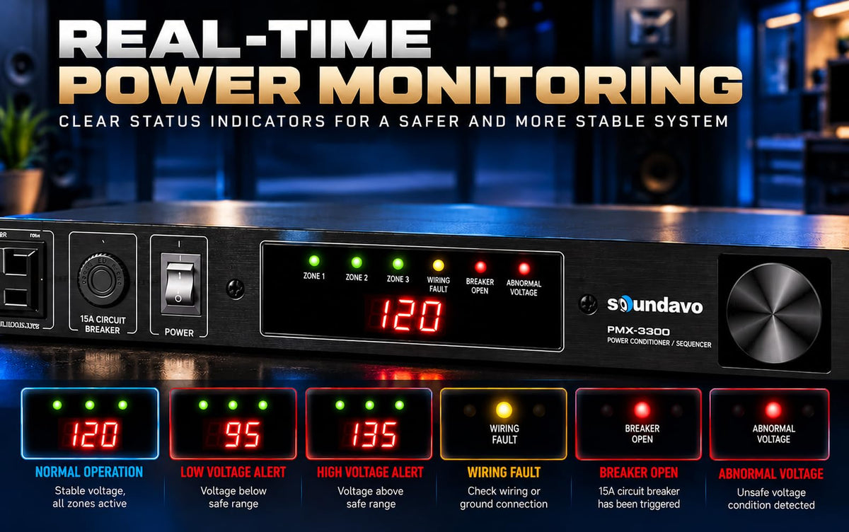 PMX-3300 Power Conditioner and Surge Sequencer 10 Protected Outlets and 3 Zones 15A with LED Voltmeter Display & Pullout Light (Grey)