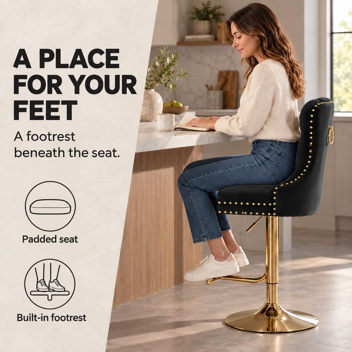 Velvet Swivel Bar Stools Set of 4, Height Adjustable, Black with Gold Base