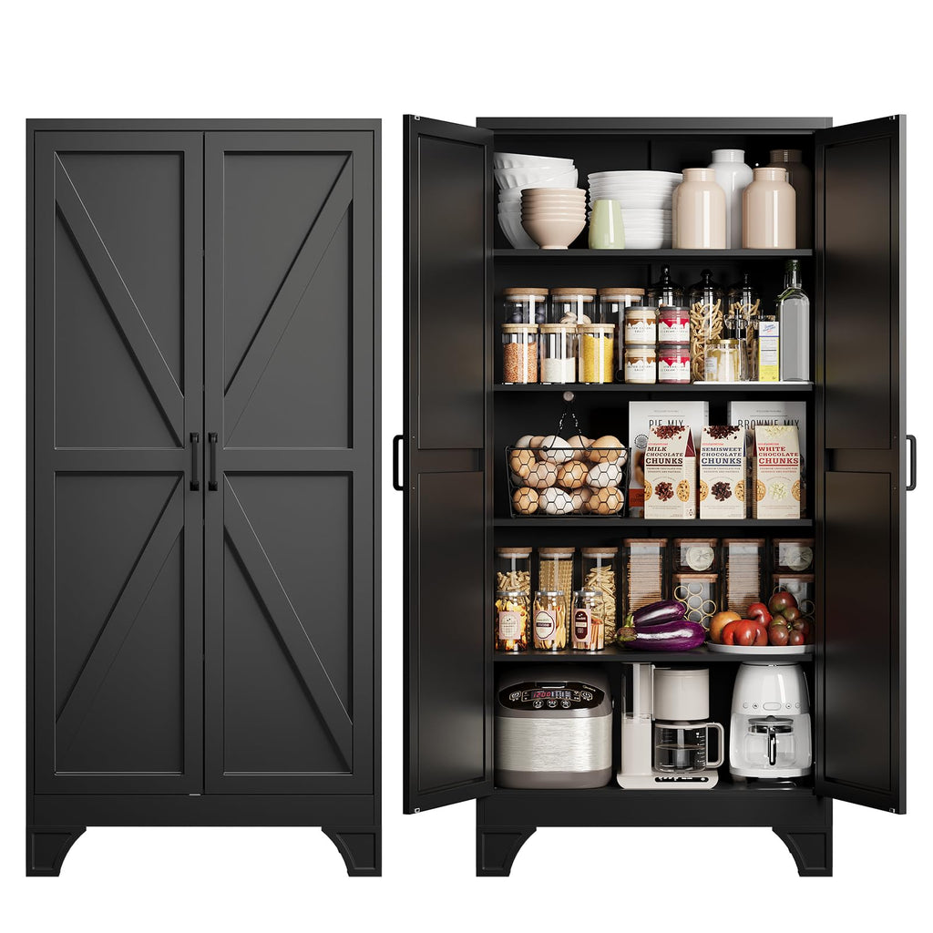 Metal Pantry Storage Cabinets with Doors and Shelves,75" Tall White