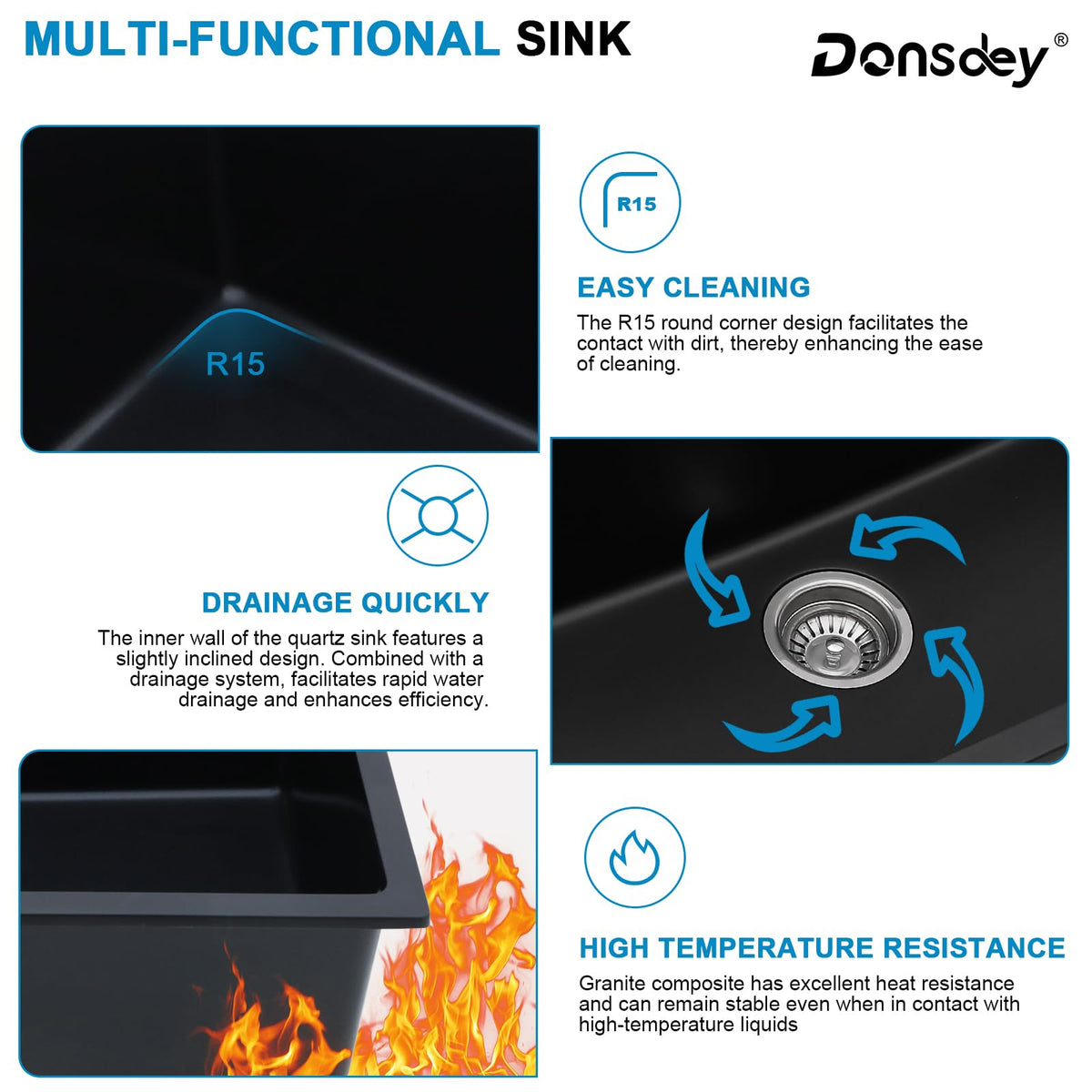 33 Inch Black Undermount Granite Composite Kitchen Sink- Under Counter Quartz Double Bowl Workstation Sinks with Accessories Quick Drain Noise Reduction Classic Style