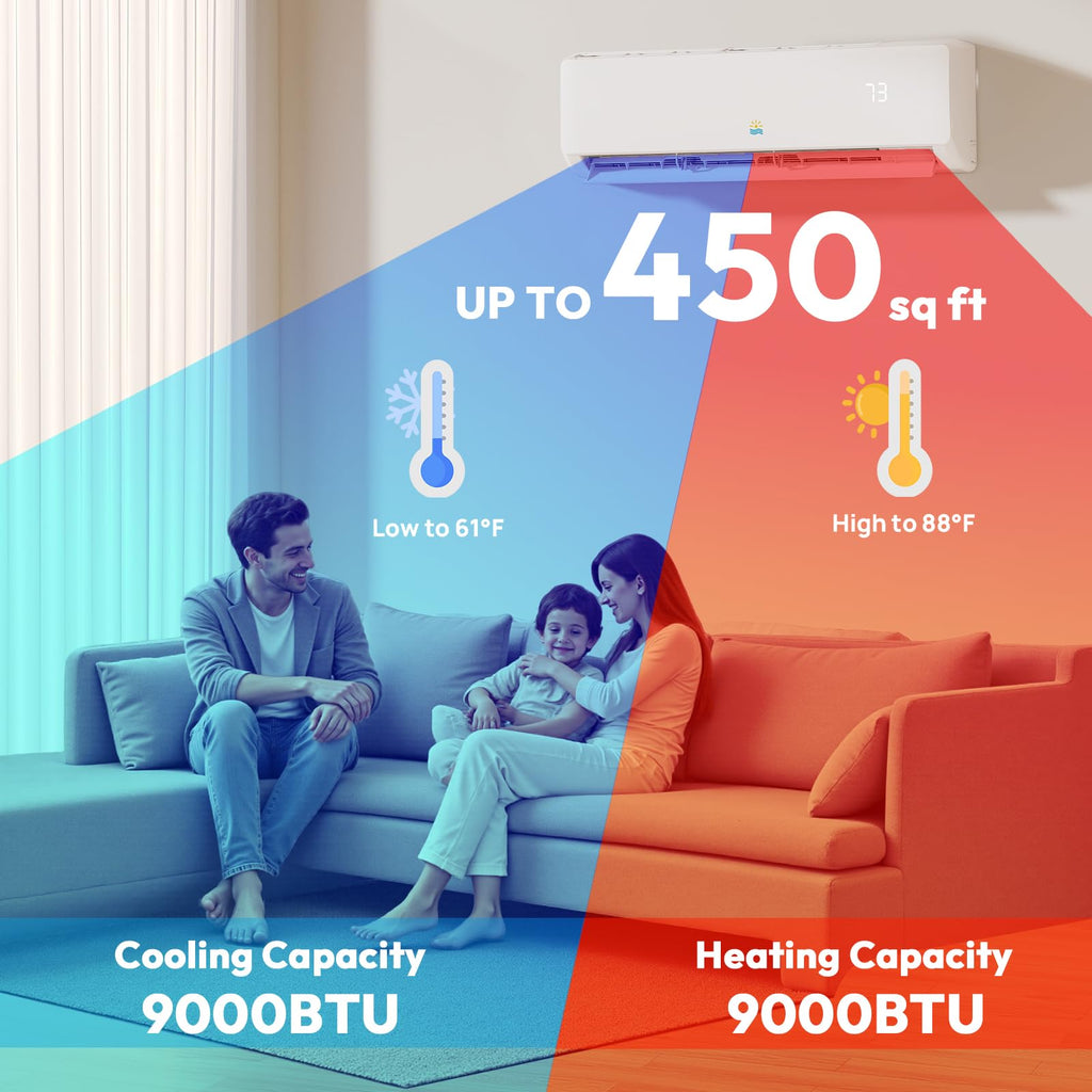 Mini Split AC/Heating System - 19 SEER2 9000 BTU Mini Split AC Unit Inverter Heating and Cooling, 115v Energy Efficient Ductless Air Conditioner Up to 550sq.ft, 24H Timer, Installation Kit