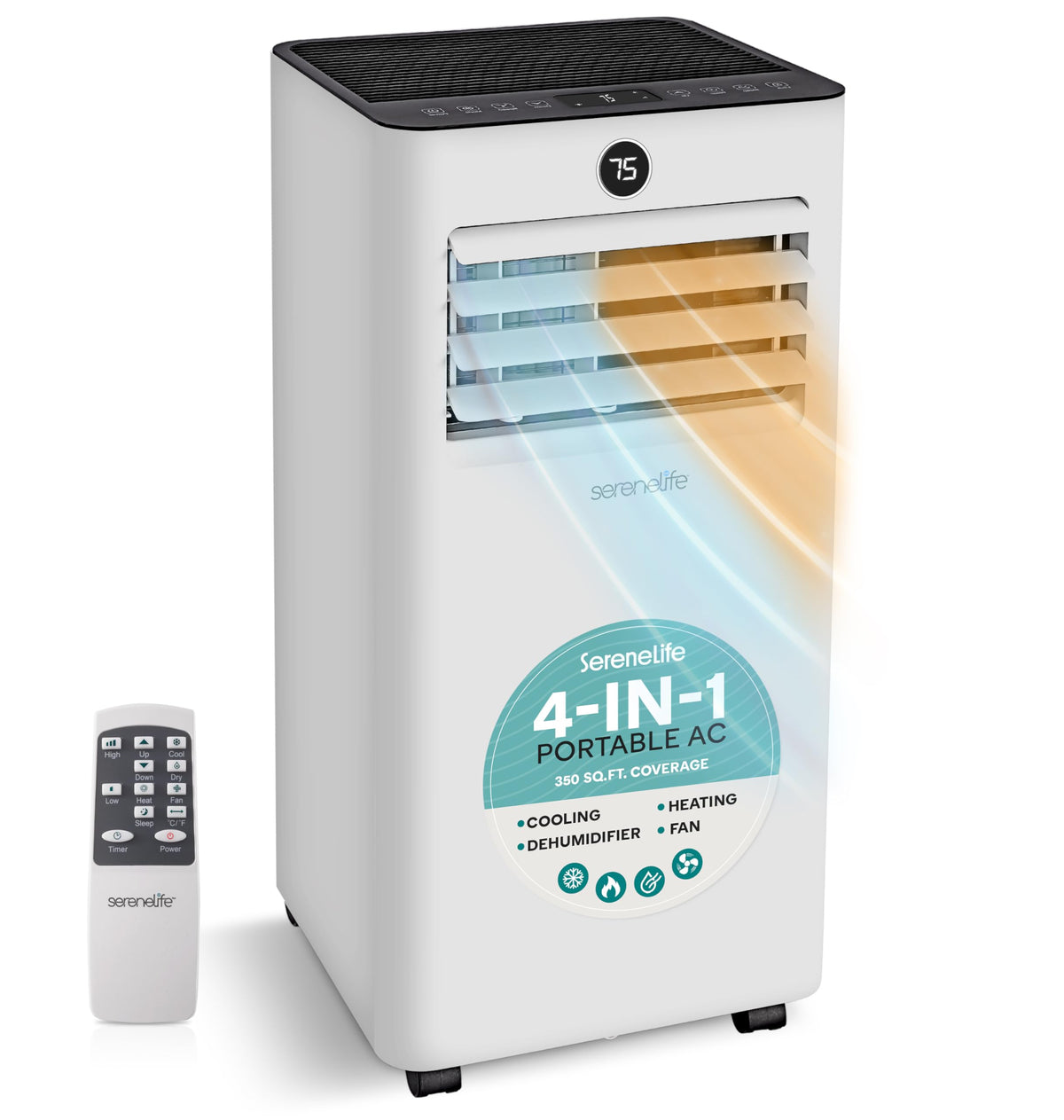 SereneLife 8000 BTU Portable Air Conditioner with Heat, Compact 4-in-1 Portable AC & Heater for Room Up to 350 Sq Ft with Dehumidifier & Fan Function, Remote Control, Window Mount Kit, 13" x 11" x 26"