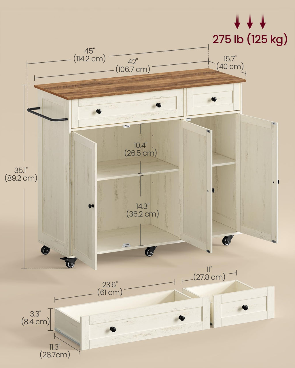VASAGLE Mobile Kitchen Wooden Island Cart with Storage for Dining Room
