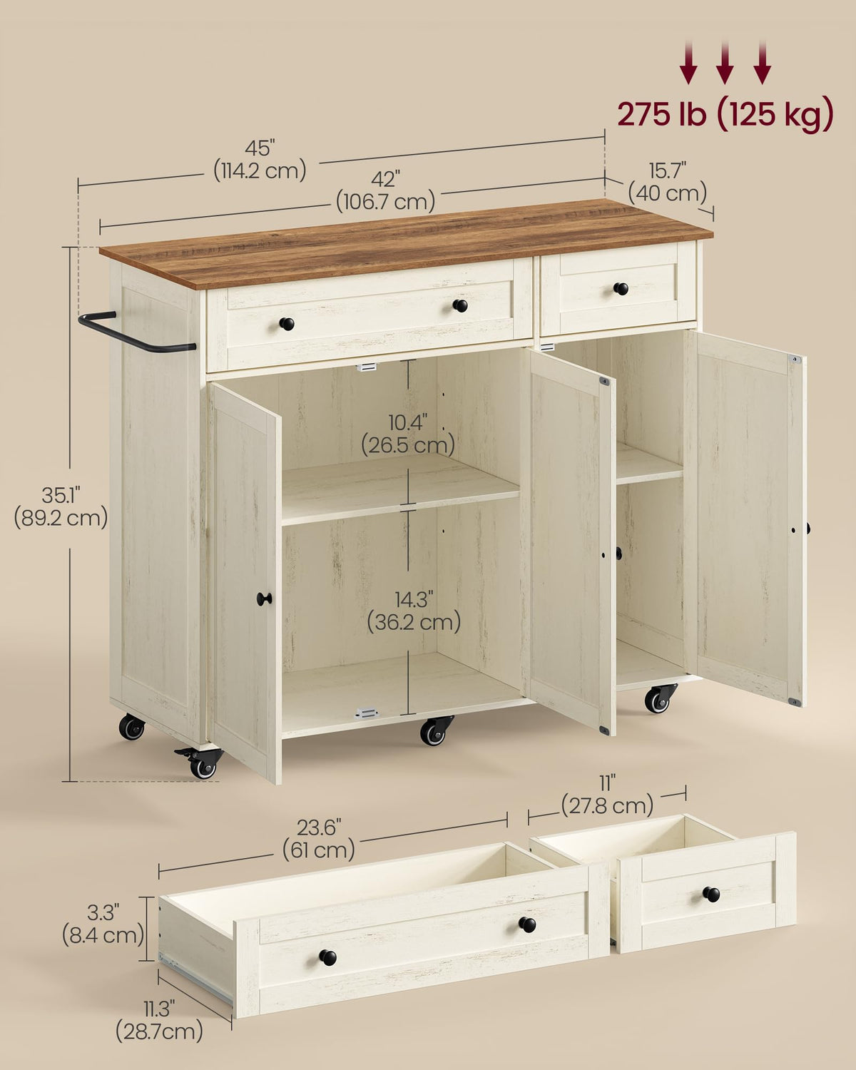 VASAGLE Mobile Kitchen Wooden Island Cart with Storage for Dining Room