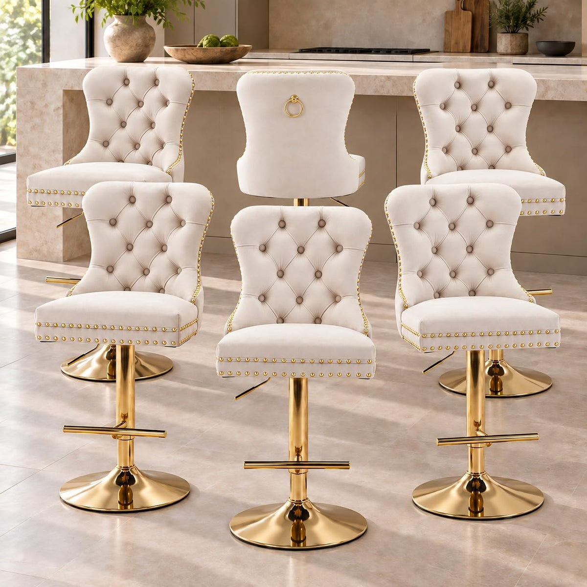 Velvet Swivel Bar Stools Set of 4, Height Adjustable, Black with Gold Base