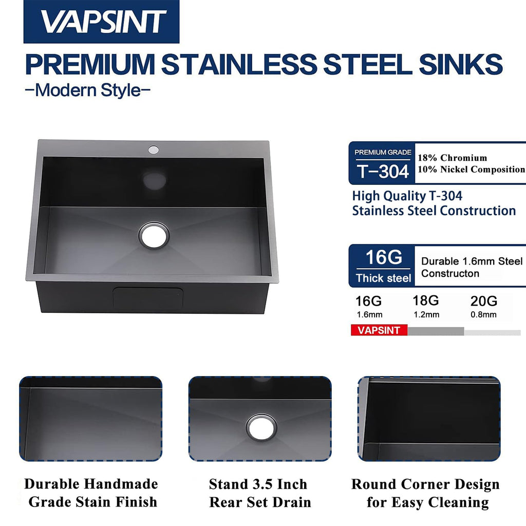 VAPSINT 33x22 Black Drop in Kitchen Sink, 33 Inch Gunmetal Black Stainless Steel Top Mount Kitchen Sink, Single Bowl Laundry Sink with Strainer
