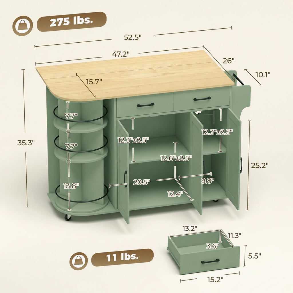 HOMCOM 53" Rolling Kitchen Island with Power Outlet, Storage, Sage Green