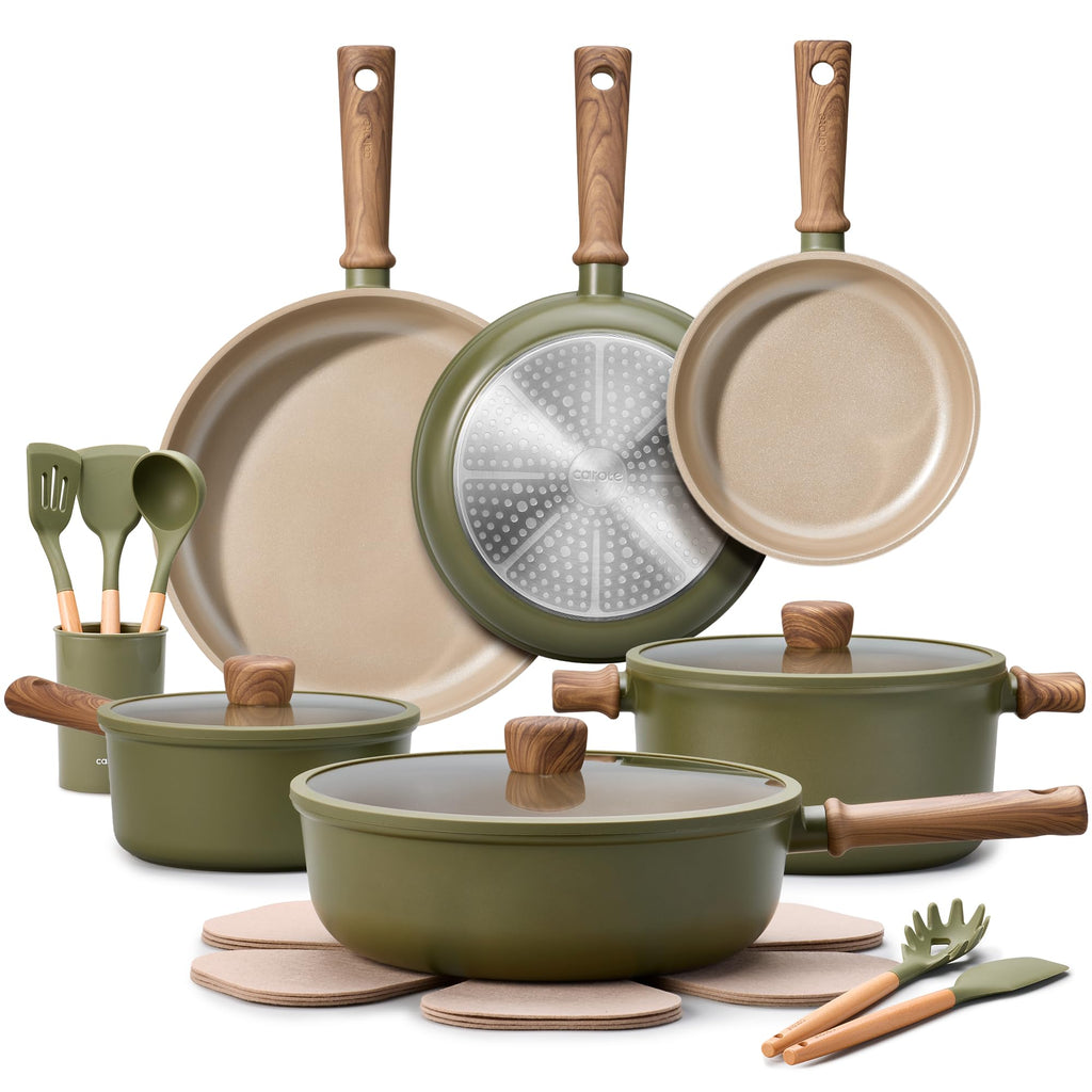 CAROTE Pots and Pans Set Nonstick Ceramic Cookware Sets 21 Pieces Green