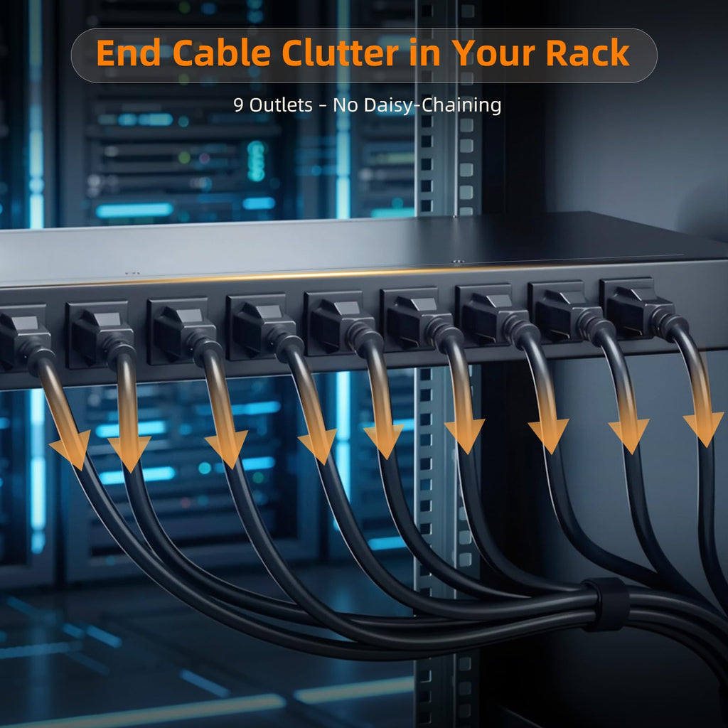 1U Rack Mount PDU Power Strip 9 Outlet Individual Switch