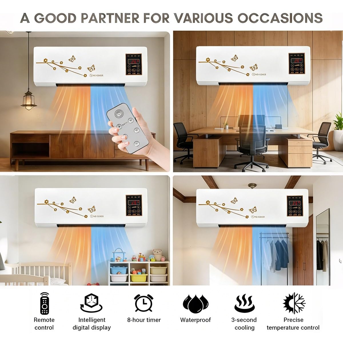 Portable Mini Air Cooling and Heating Fan, Quiet 2-in-1 Wall Mounted System with Remote Control for Home and Kitchen, Energy-Efficient 110V Small Cooling Fan