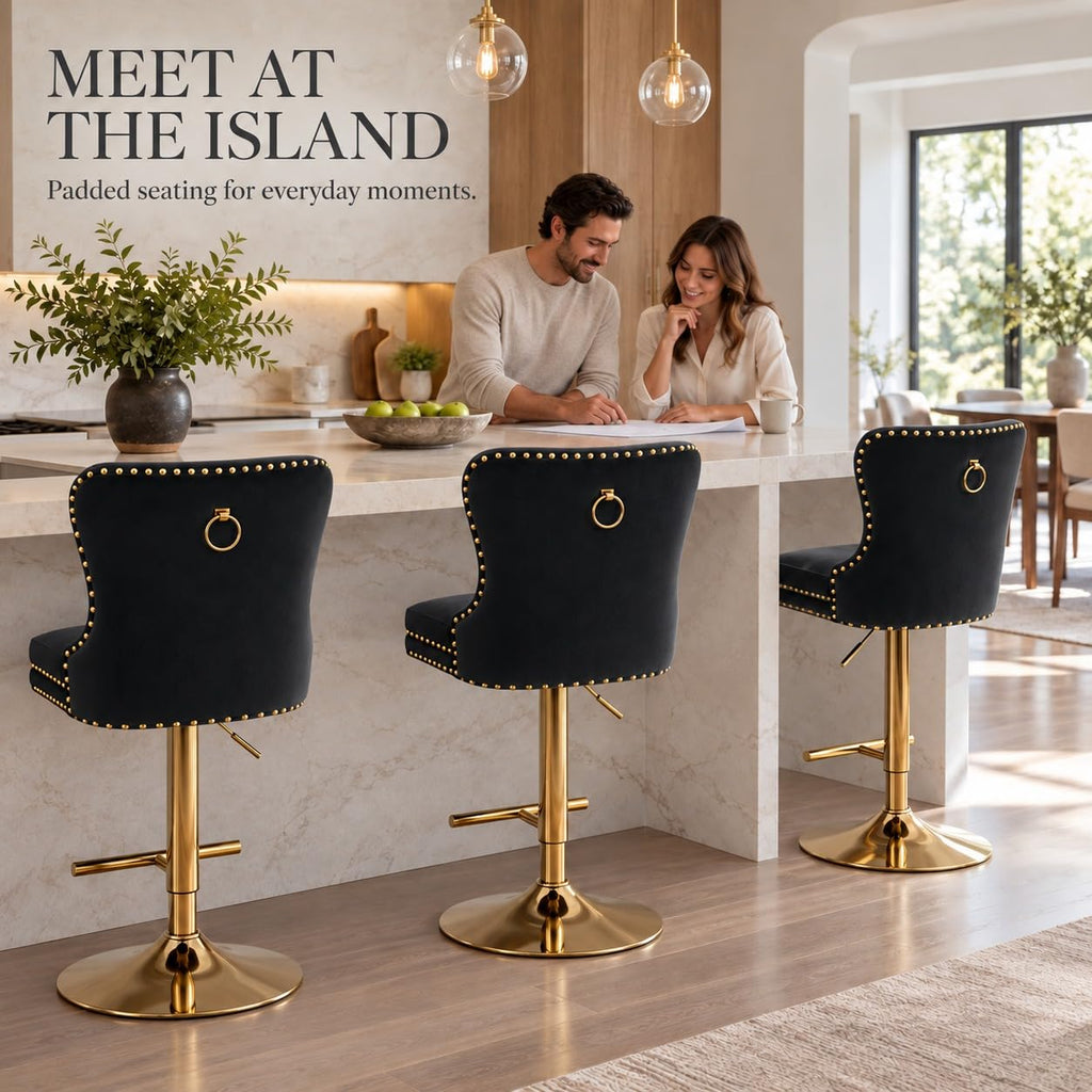 Velvet Swivel Bar Stools Set of 4, Height Adjustable, Black with Gold Base