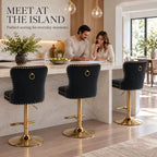 Velvet Swivel Bar Stools Set of 4, Height Adjustable, Black with Gold Base