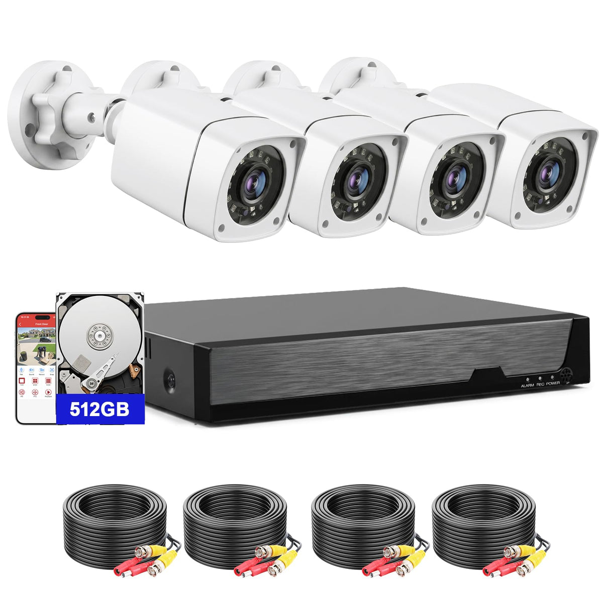 4CH Wired Security Camera System, AIWIXEN 4X 1080P Cam, DVR with 512GB HDD