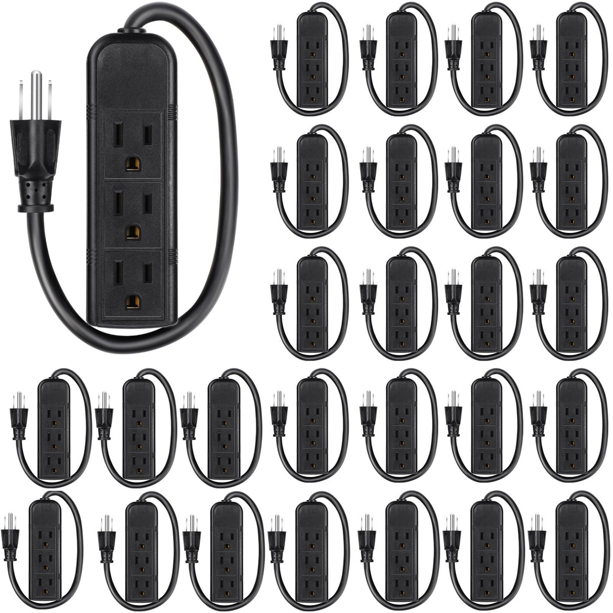 Copkim 36 Pack 3 Outlet Power Strip Flat Plug Extension Cord, 1 ft, Black