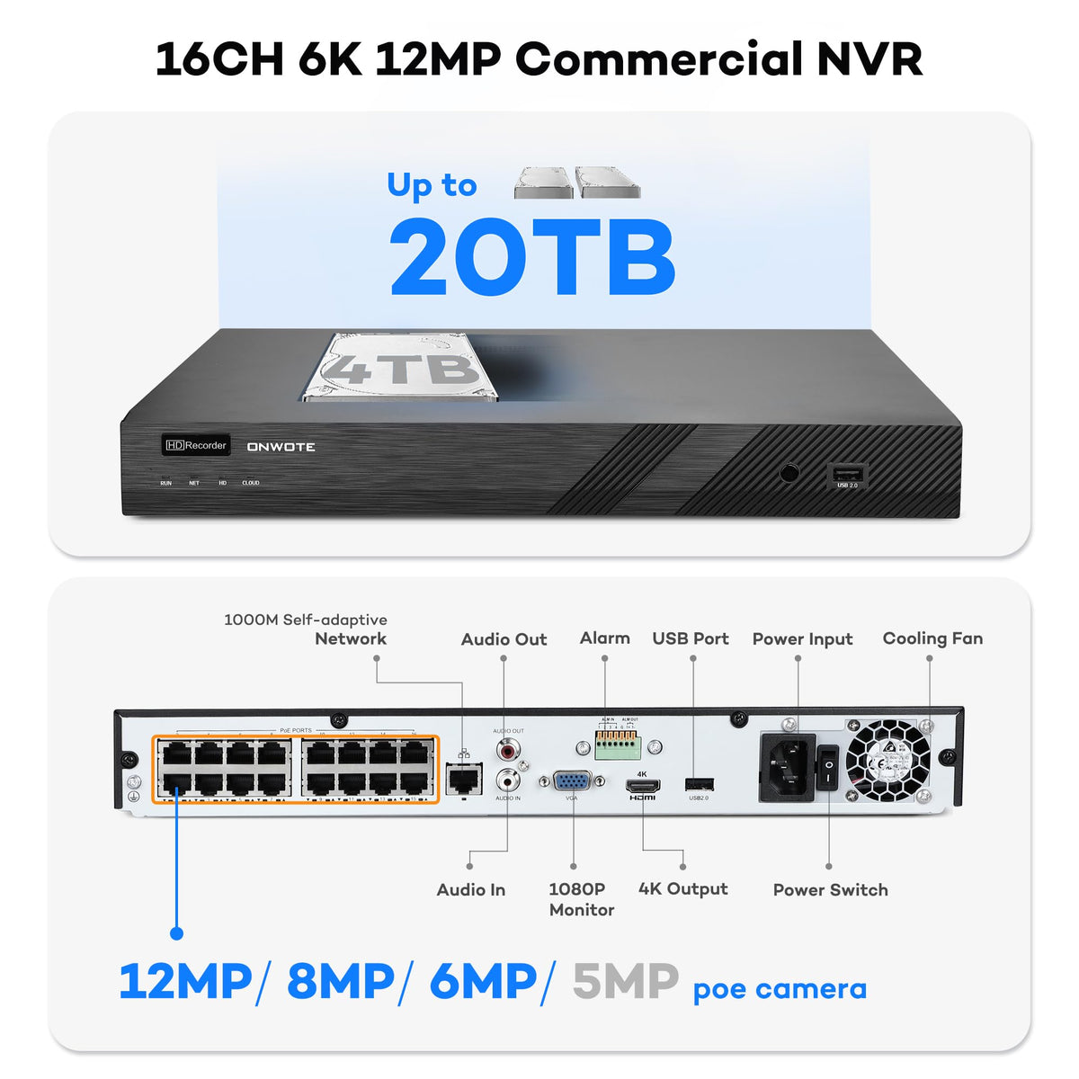 ONWOTE 16 Channel Security System, 12MP NVR, 16x 5MP PoE Cameras, AcuSearch