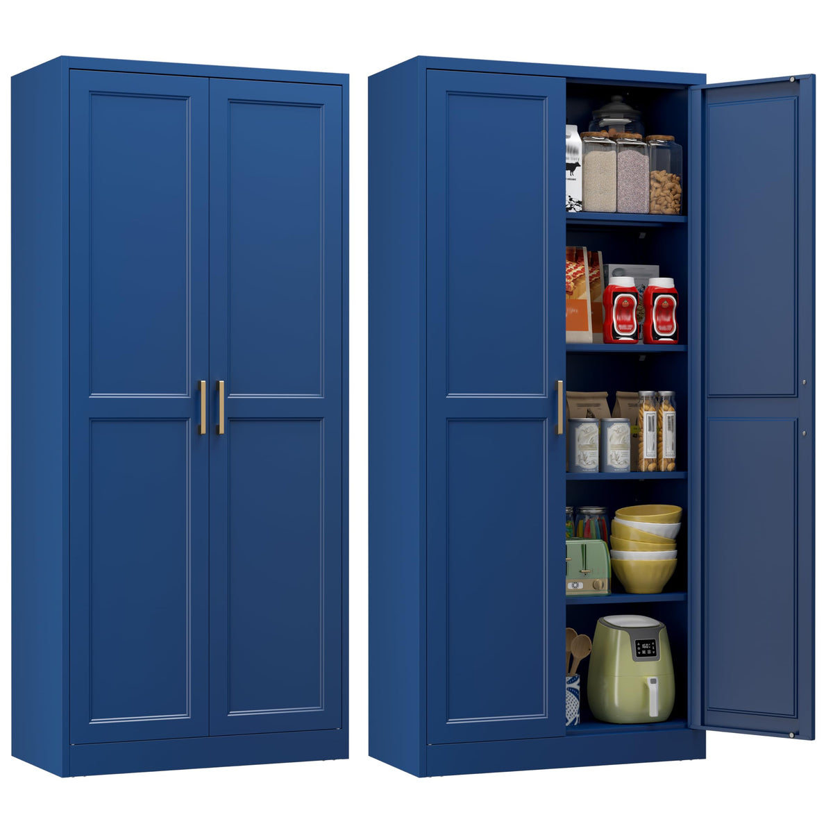 71" White Metal Kitchen Pantry Storage Cabinet with Doors and Shelves