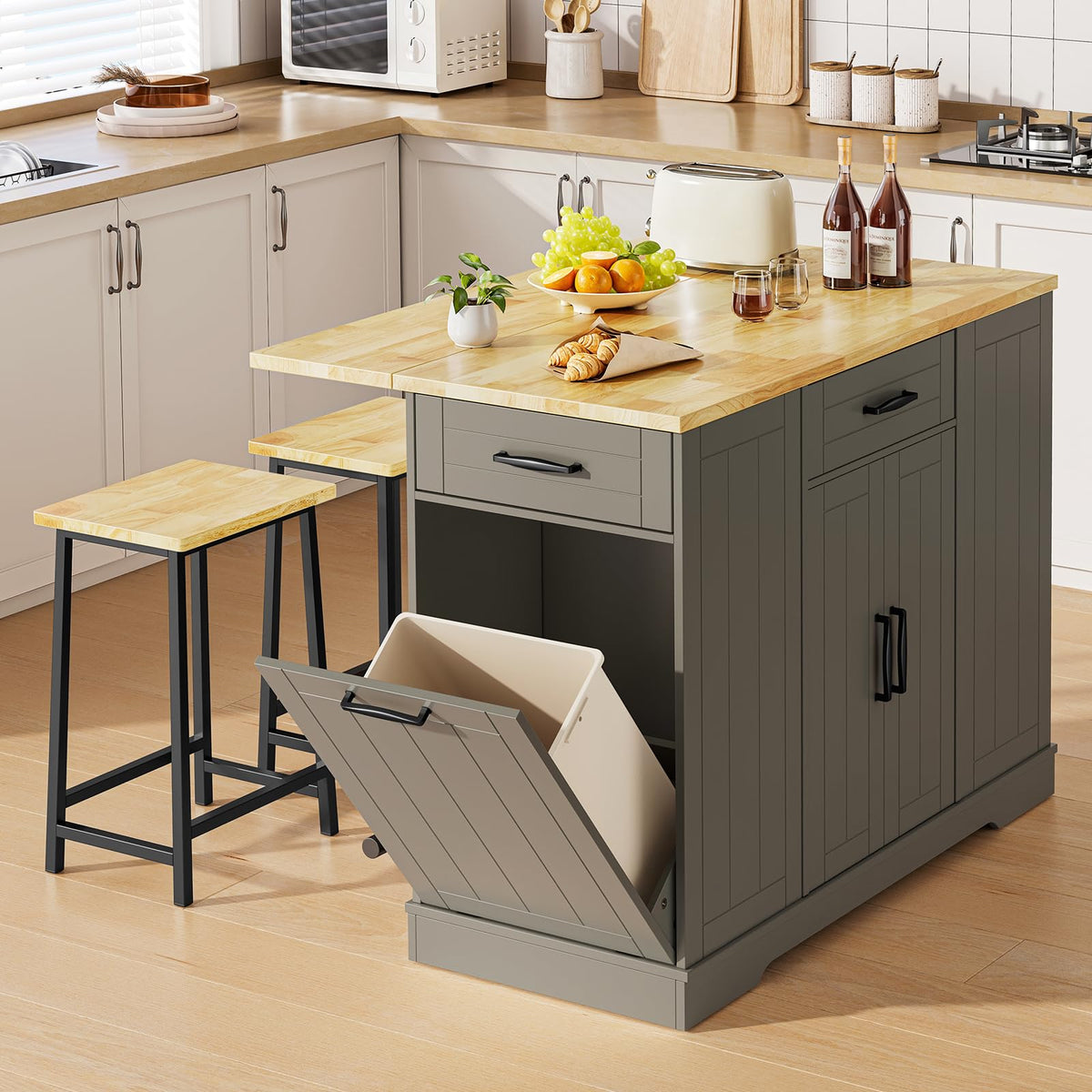 47" Kitchen Island with Trash Can Storage, Include 2 Chairs, Black
