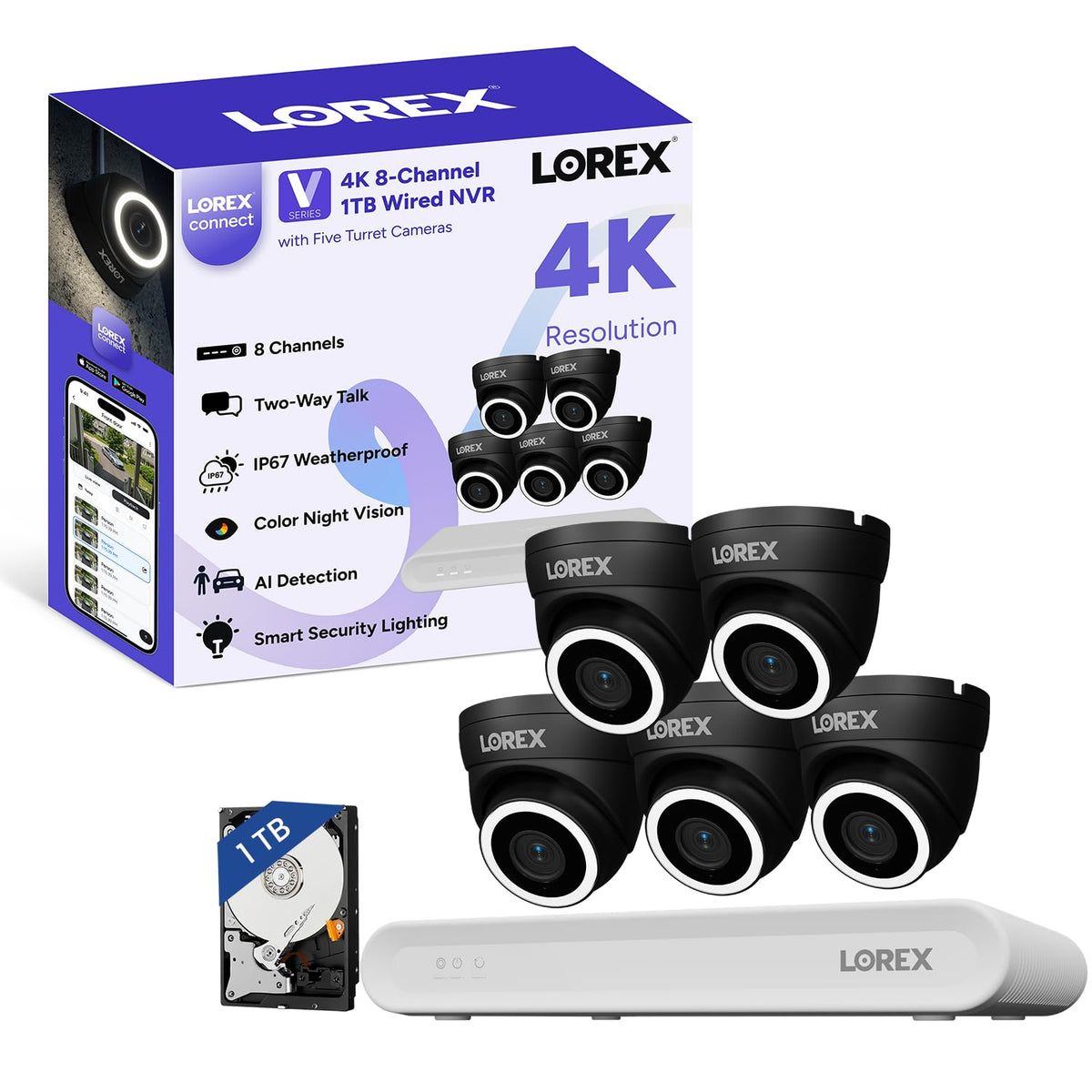 Lorex Connect App | V-Series | 8Ch 4K NVR System | 5 V3 Dome IP Cameras