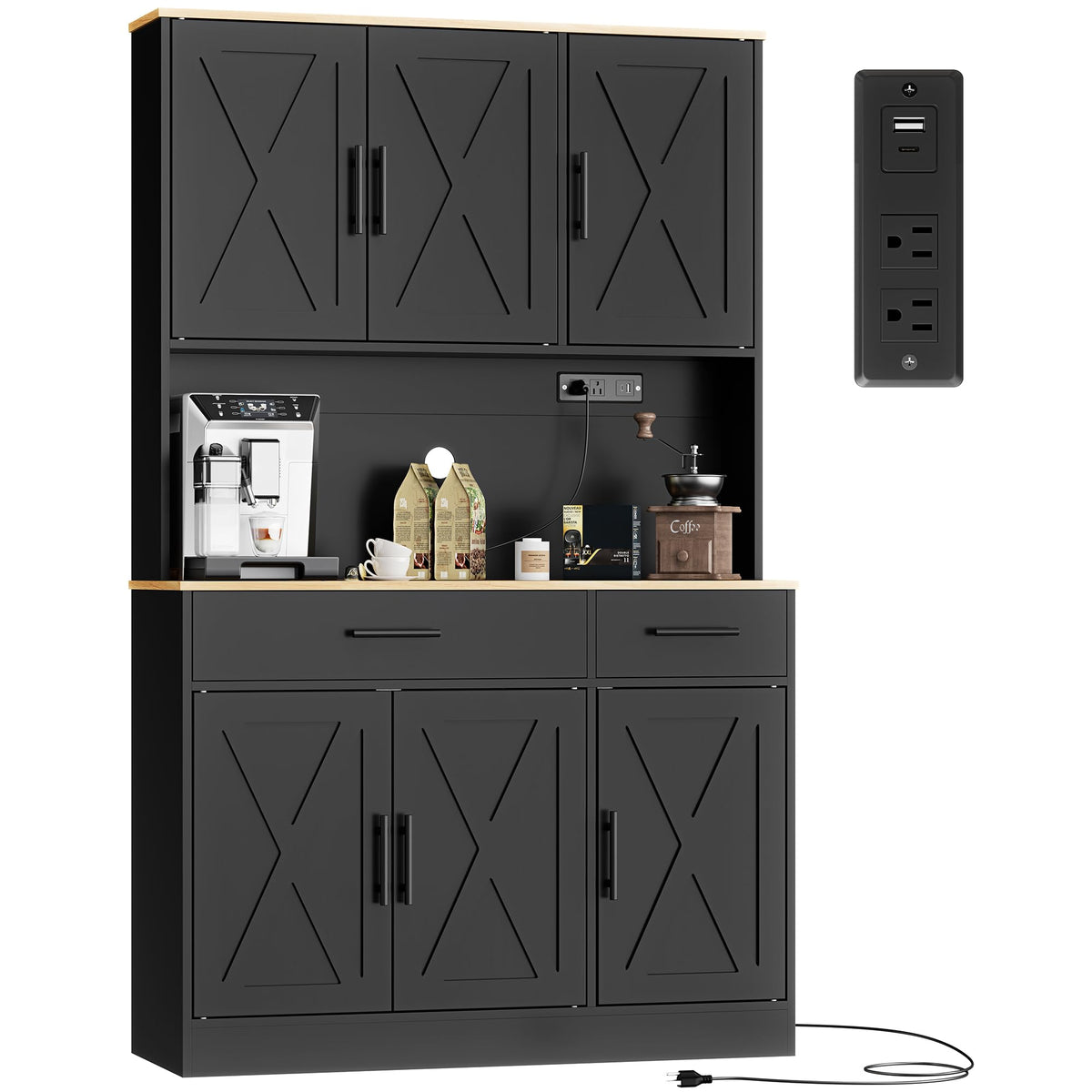 70”Tall Pantry Cabinet w/Charging Station, Kitchen Storage Cabinet