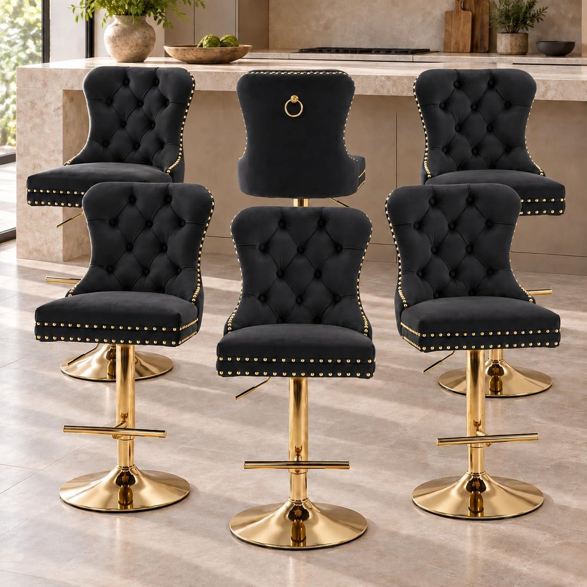 Velvet Swivel Bar Stools Set of 4, Height Adjustable, Black with Gold Base