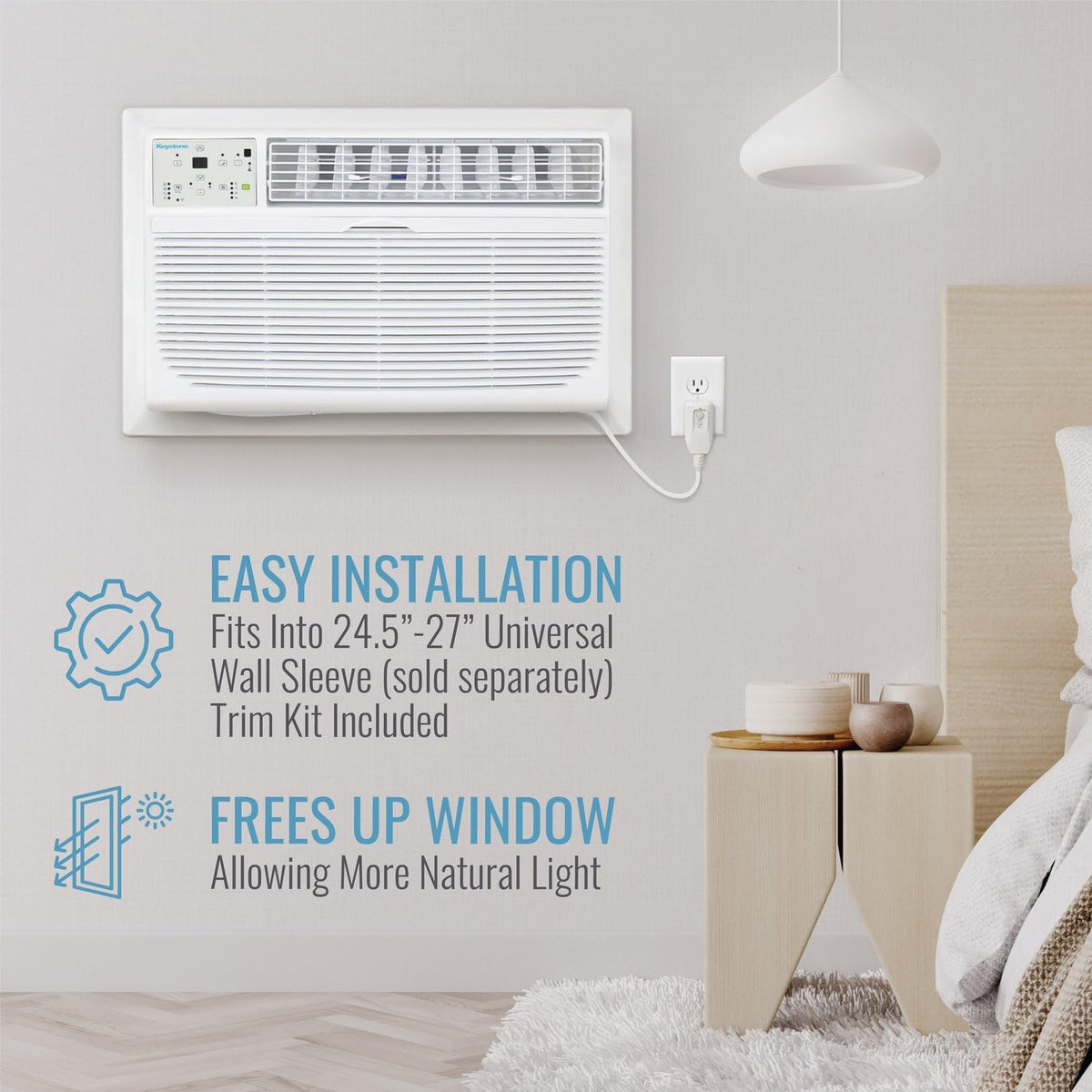 Keystone 8,000 BTU Wall Mounted Air Conditioner with Supplemental Heat and Dehumidifier Function, 115V, Wall AC for Small-Medium Sized Rooms up to 350 Sq.Ft. with Remote, Quiet, High Efficiency AC