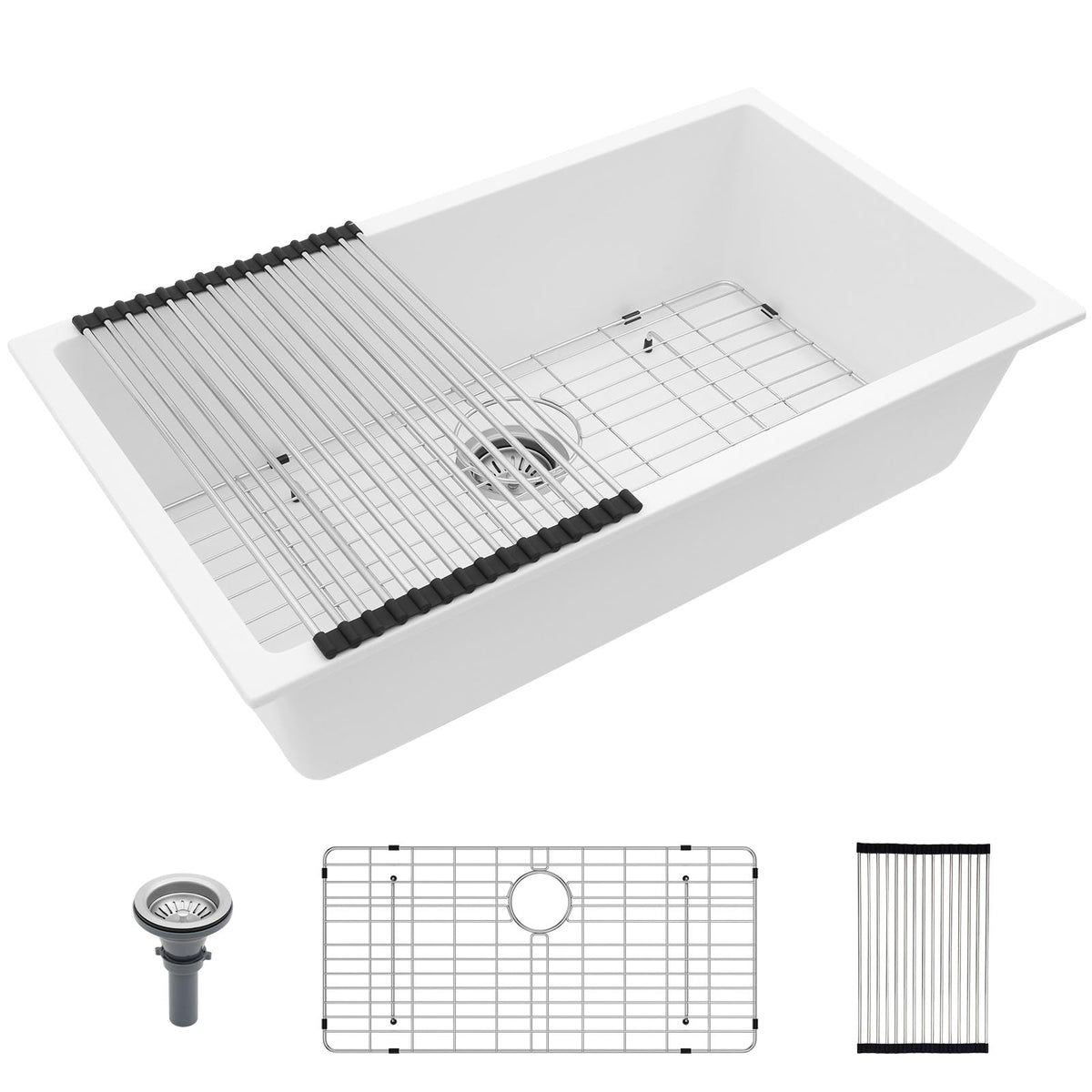 Lordear 18 Inch White Kitchen Sink Granite Composite Undermount Bar Workstation 18x18 White Quartz Sinks Under Counter Single Bowl with Classic Gold Accessories