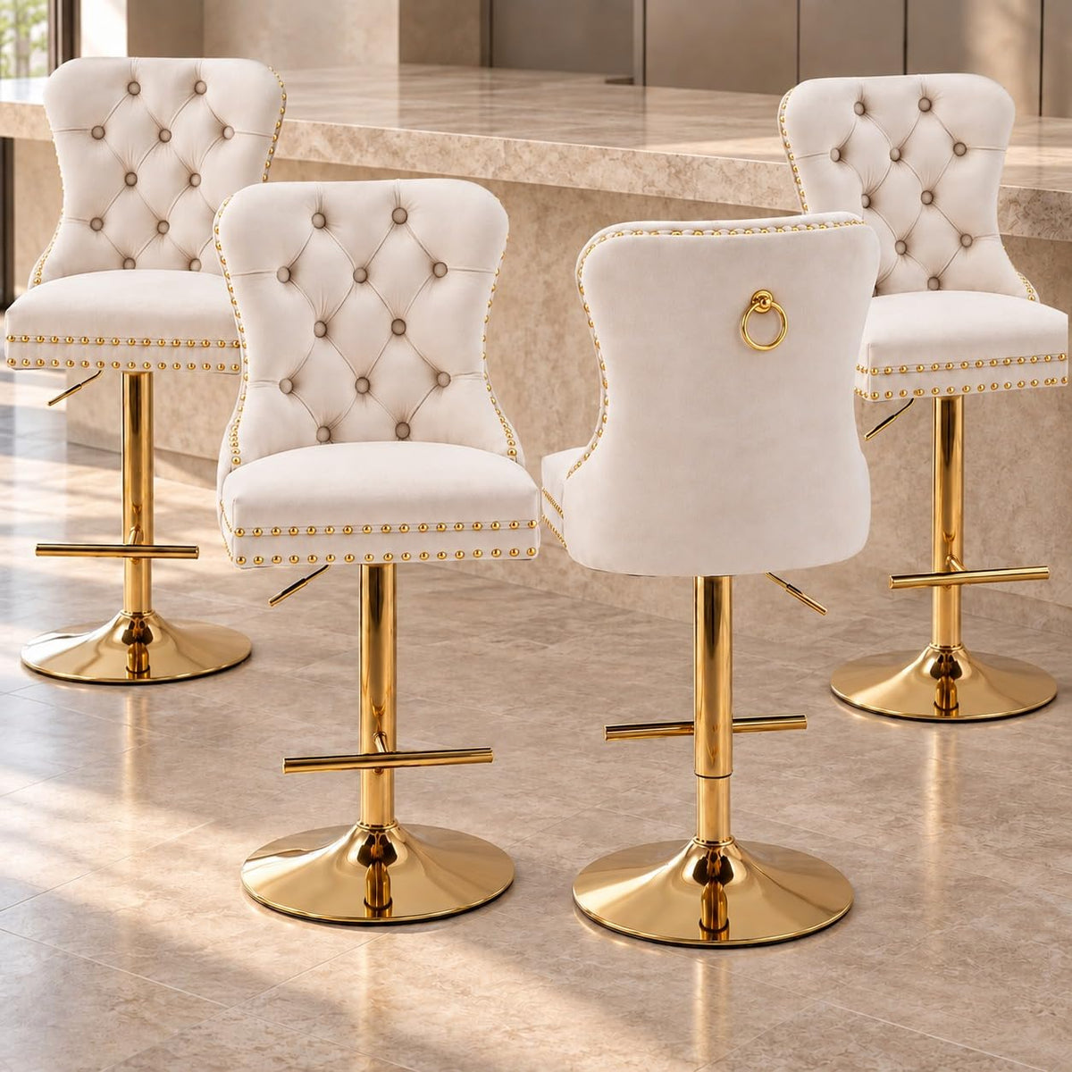 Velvet Swivel Bar Stools Set of 4, Height Adjustable, Black with Gold Base