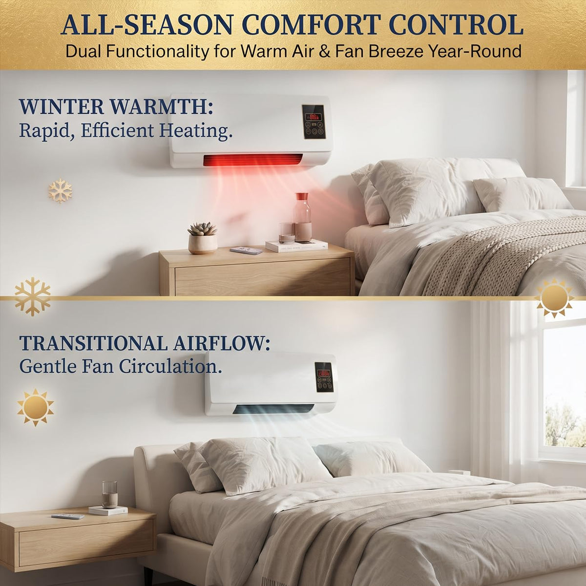 2-in-1 Air Conditioner Wall Mounted, Heater And Fan Combo Cooling Heating