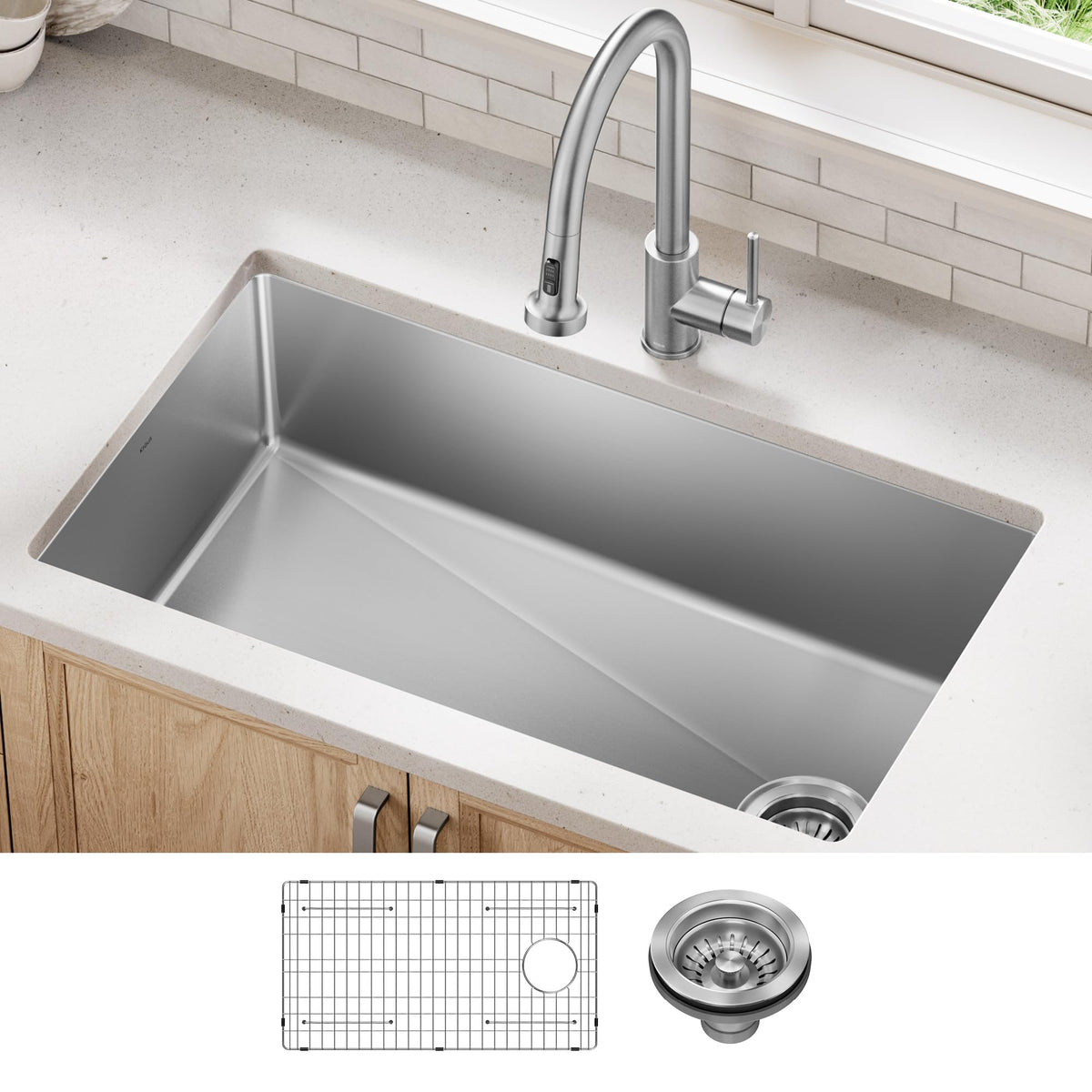 KRAUS Fairlane 33 in Drop In/Top Mount Workstation Single Bowl 18-Gauge Stainless Steel Kitchen Sink with Accessories, KWT610-33