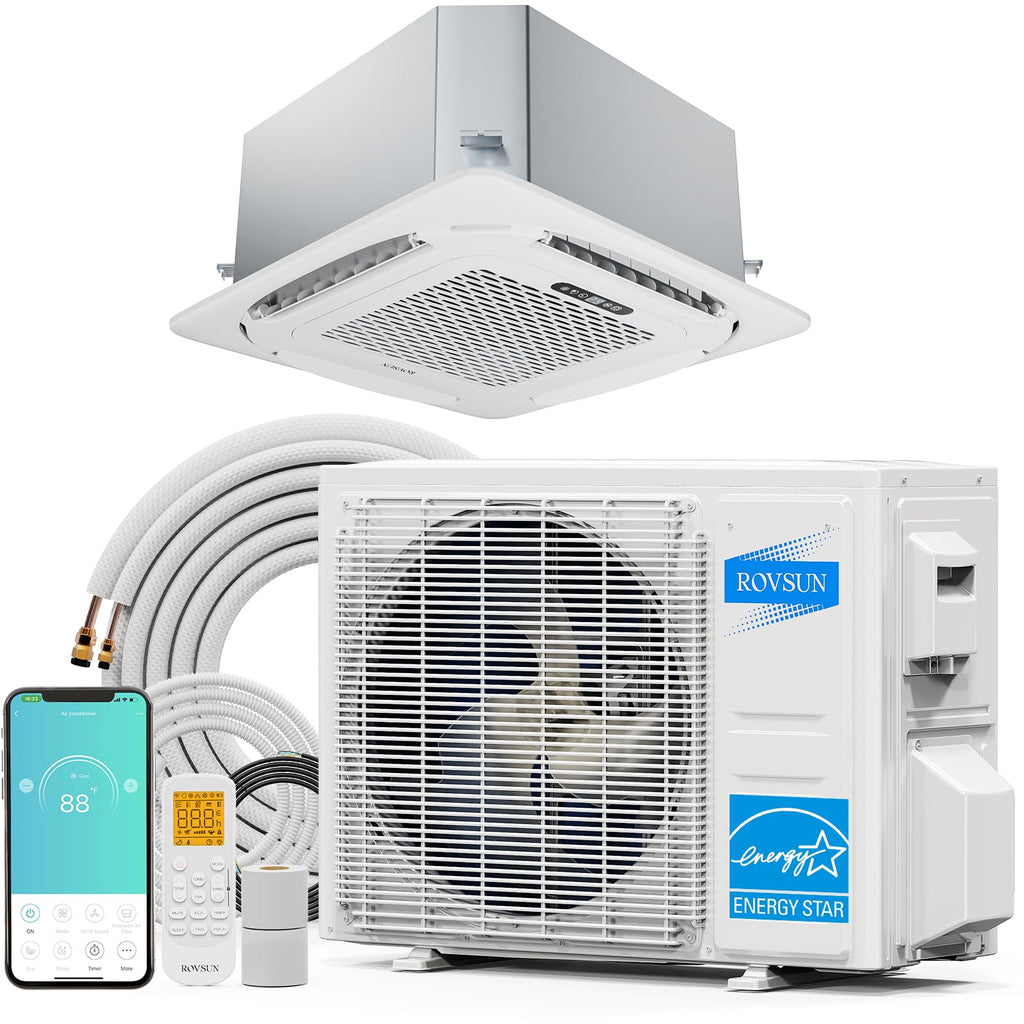 ROVSUN 23000 BTU Smart WIFI Ceiling Cassette Mini Split AC/Heating System with Inverter & APP Control, 22.5 SEER2 Ductless Air Conditioner with Pre-Charged Condenser, Heat Pump & Installation Kit 230V