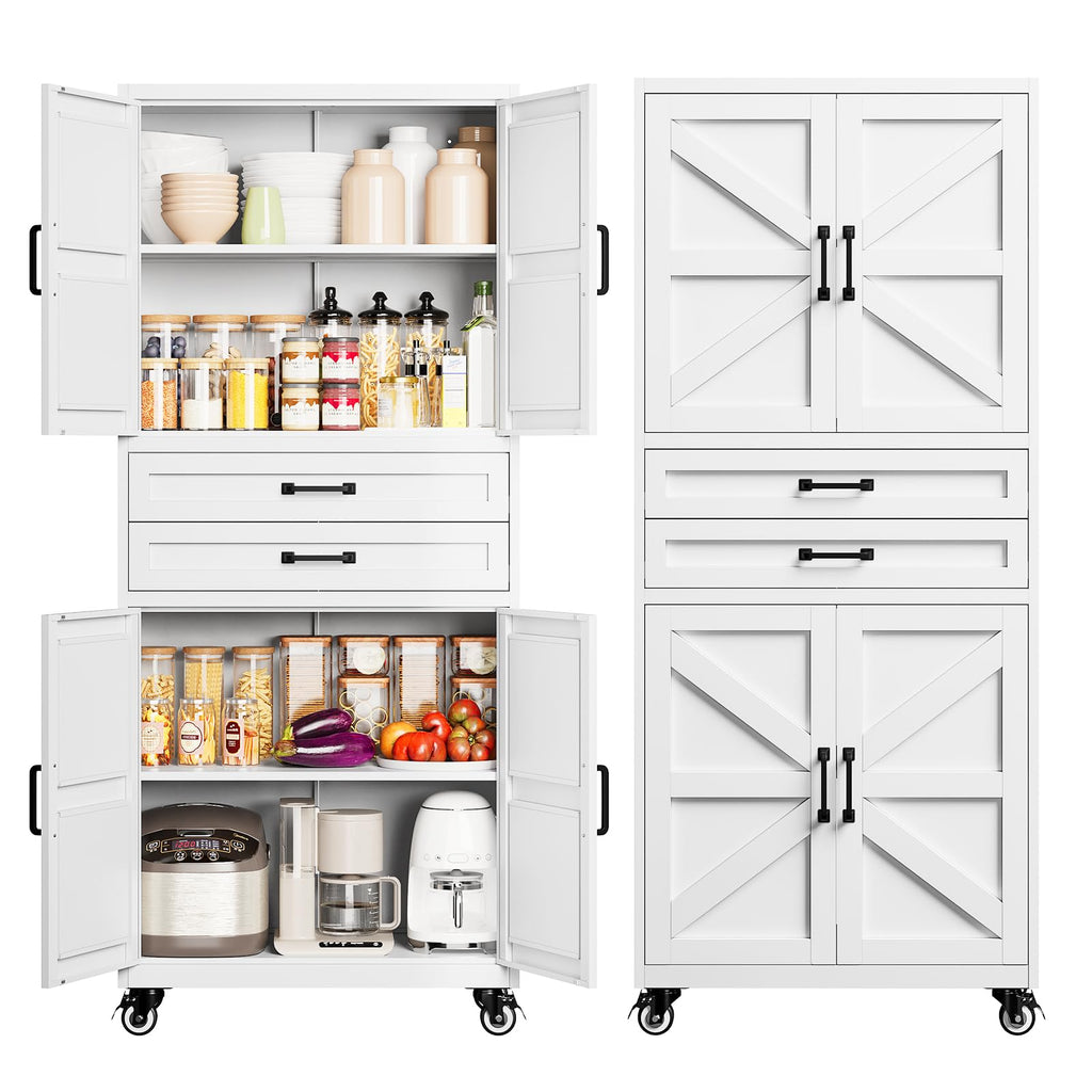 Metal Pantry Storage Cabinets with Doors and Shelves,75" Tall White