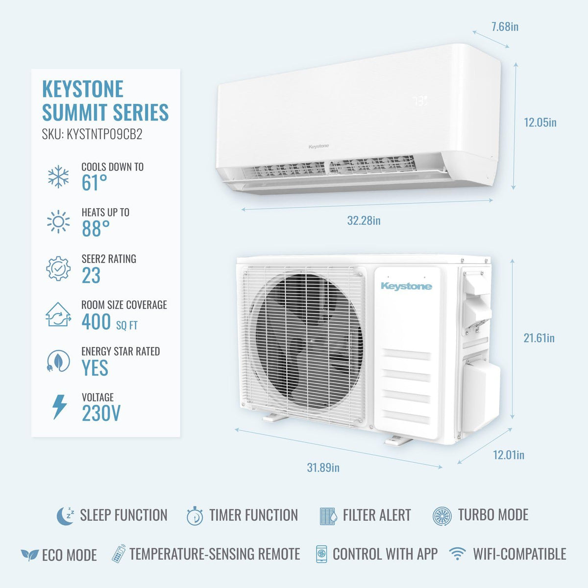 Keystone Summit 9,000 Cool/10,000 Heat BTU 230V Mini Split AC, 400 Sq Ft