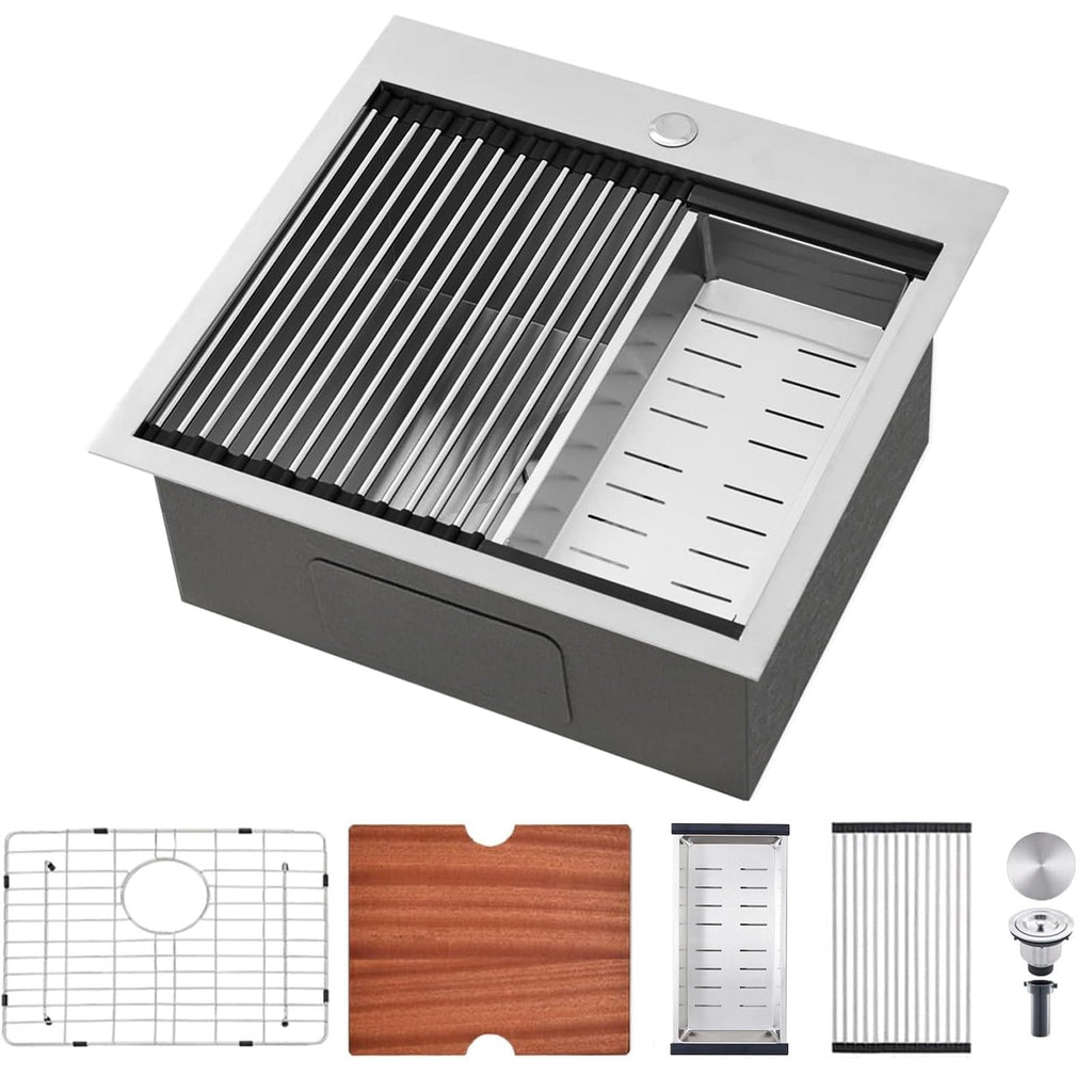 33x22 Black Drop In Kitchen Sink, 33 Inch All In One Topmount Gunmetal Black Stainless Steel Single Bowl Overmount Double Ledges Workstation Sink with Accessories